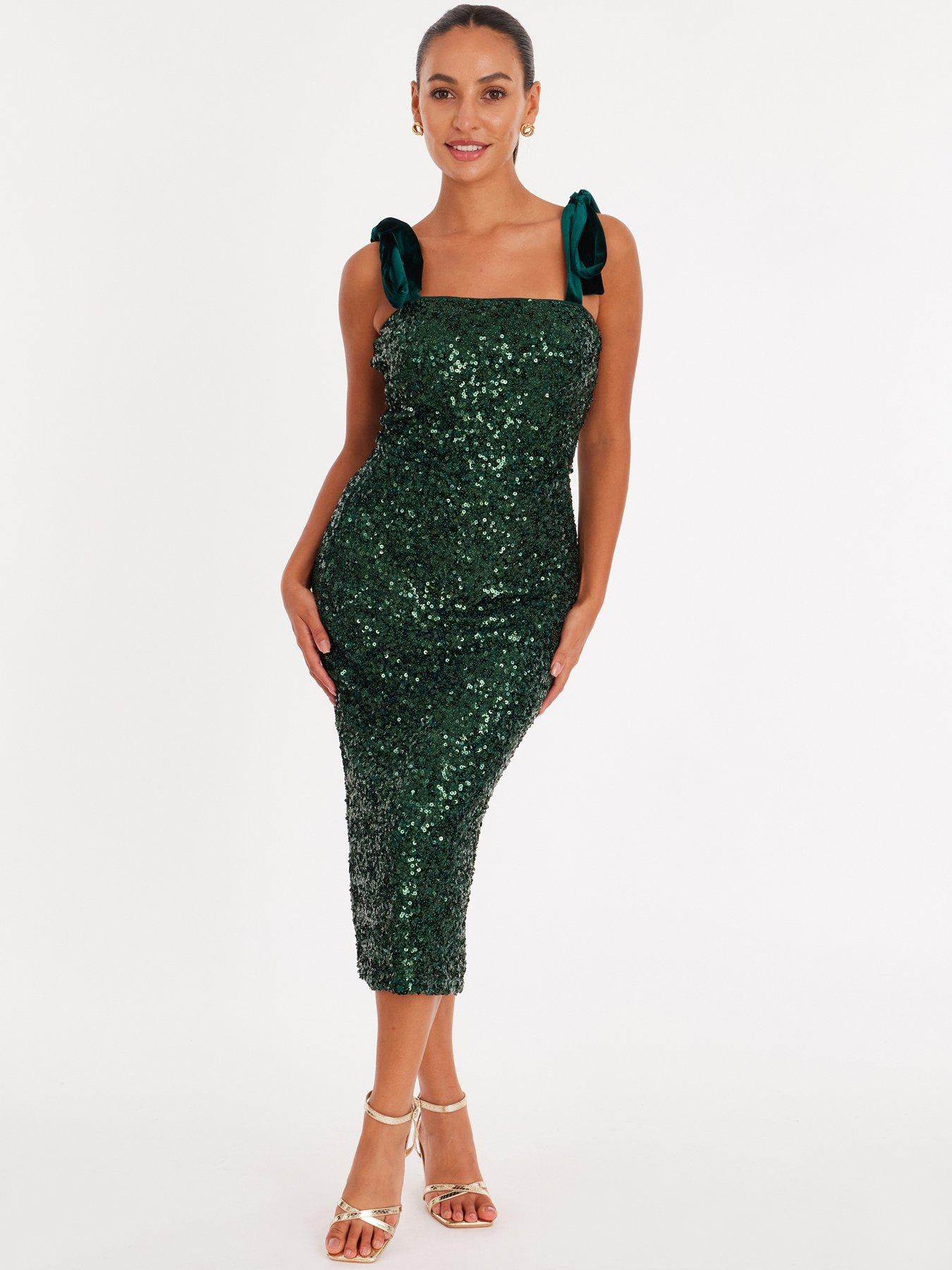 Quiz Petite Green Sequin Bow Detail Midaxi Dress