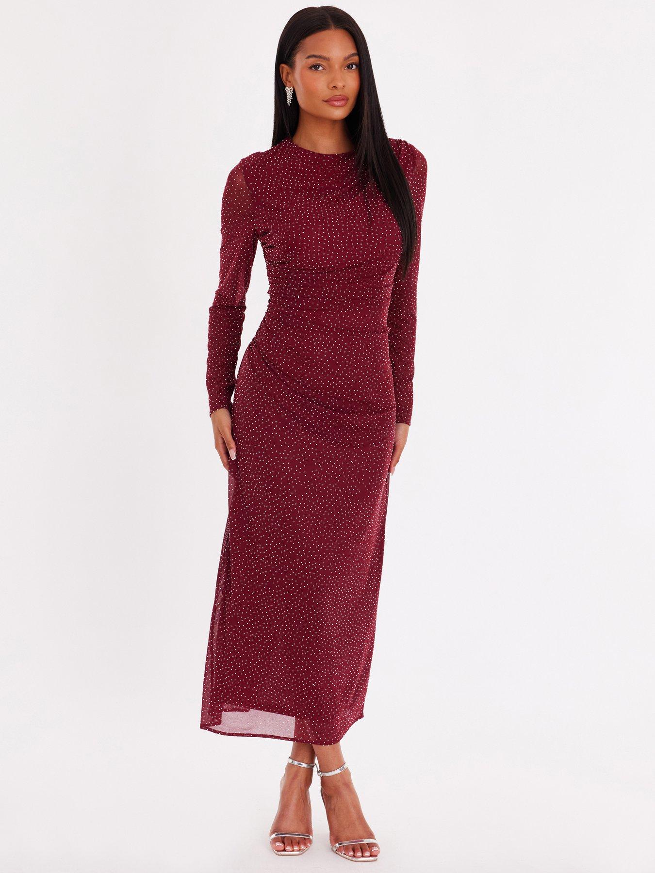 Quiz Burgundy Mesh Diamante Midaxi Dress
