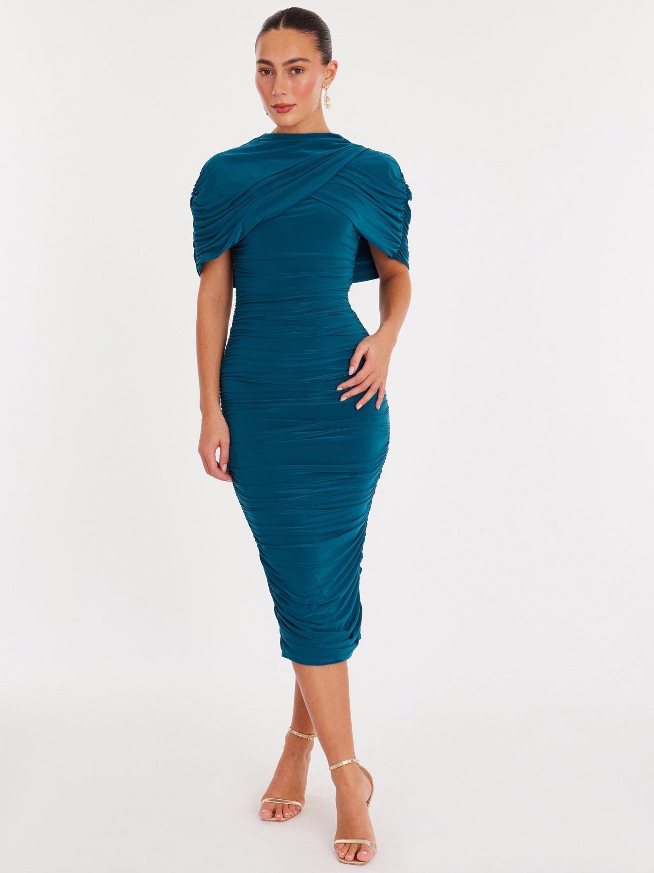 Quiz Teal Ruched Cape Midaxi Dress