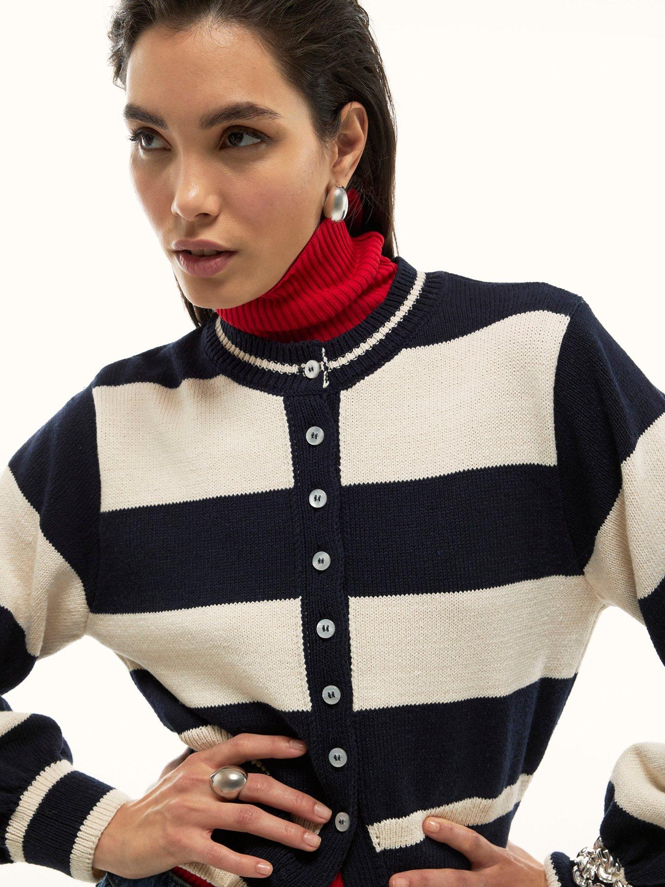 River Island: Stripe Cotton Cardigan - Navy