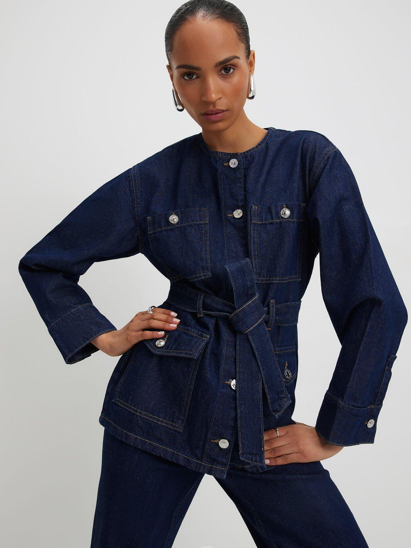 Image 1 of 6 of River Island Grace Belted Denim Jacket - Blue