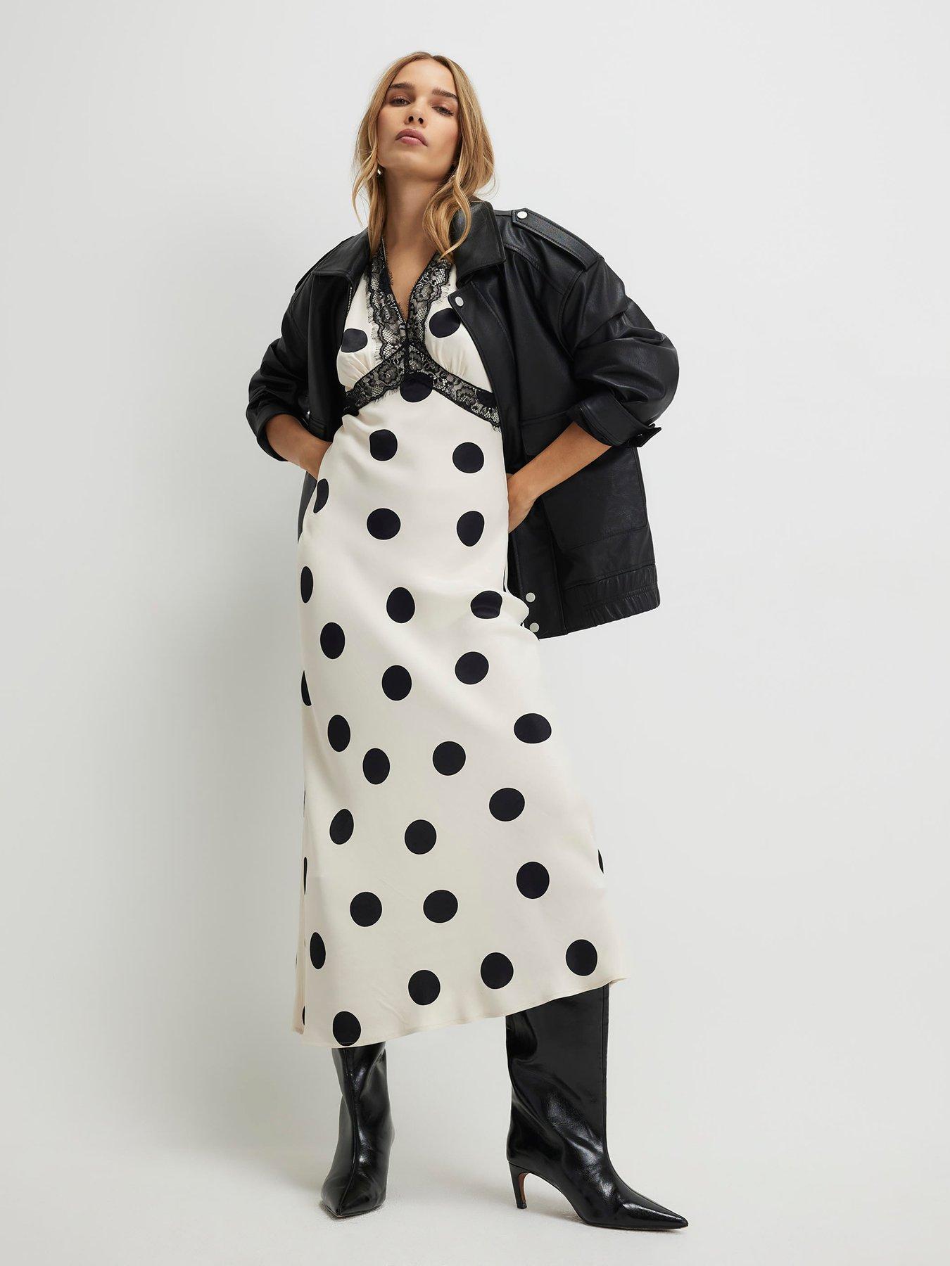 River Island Satin Polka Dot Midi Slip Dress - White