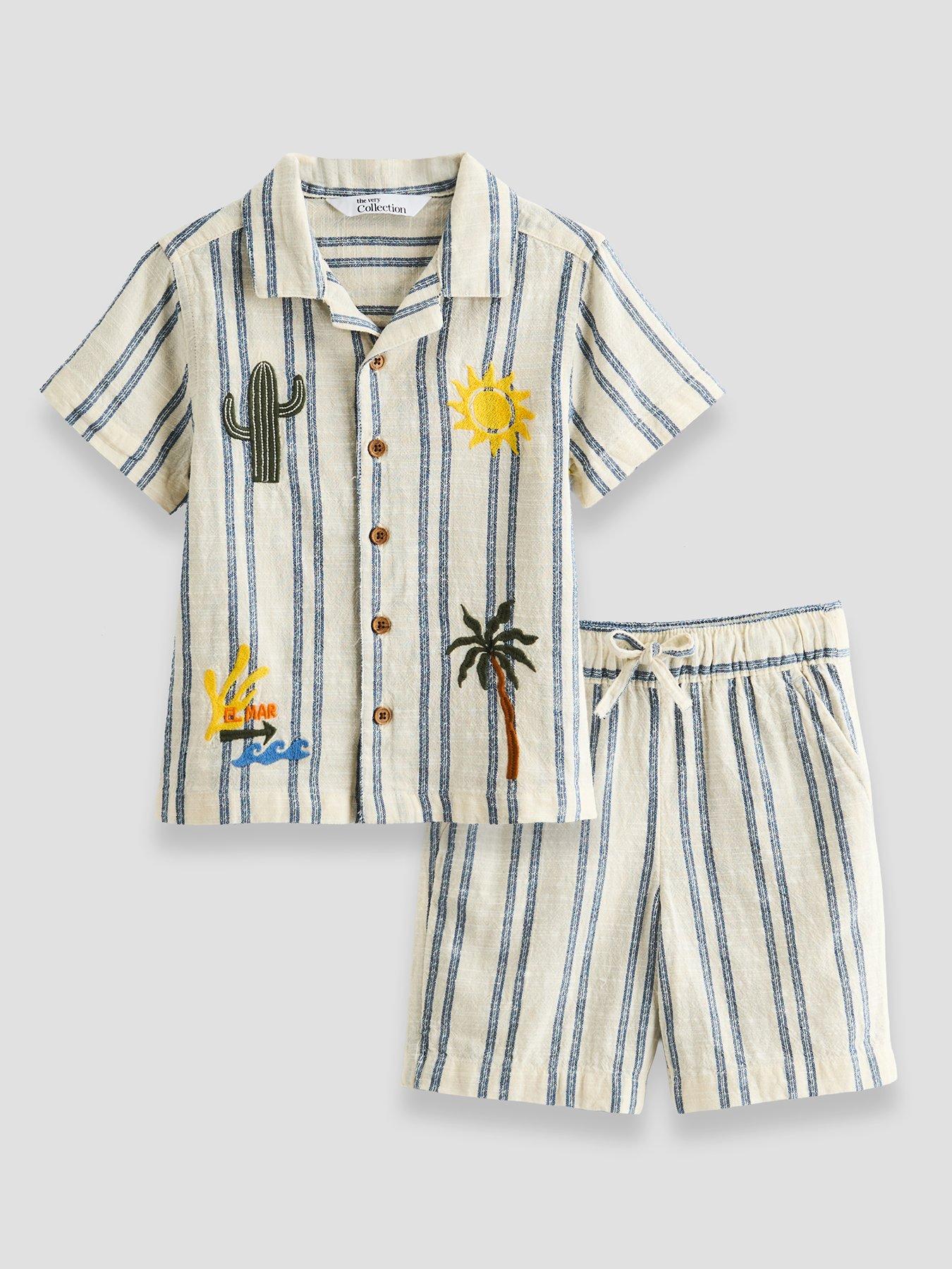 Image 1 of 6 of The Very Collection Boys Embroidered Revere Shirt And Shorts Outfit Set - Multi