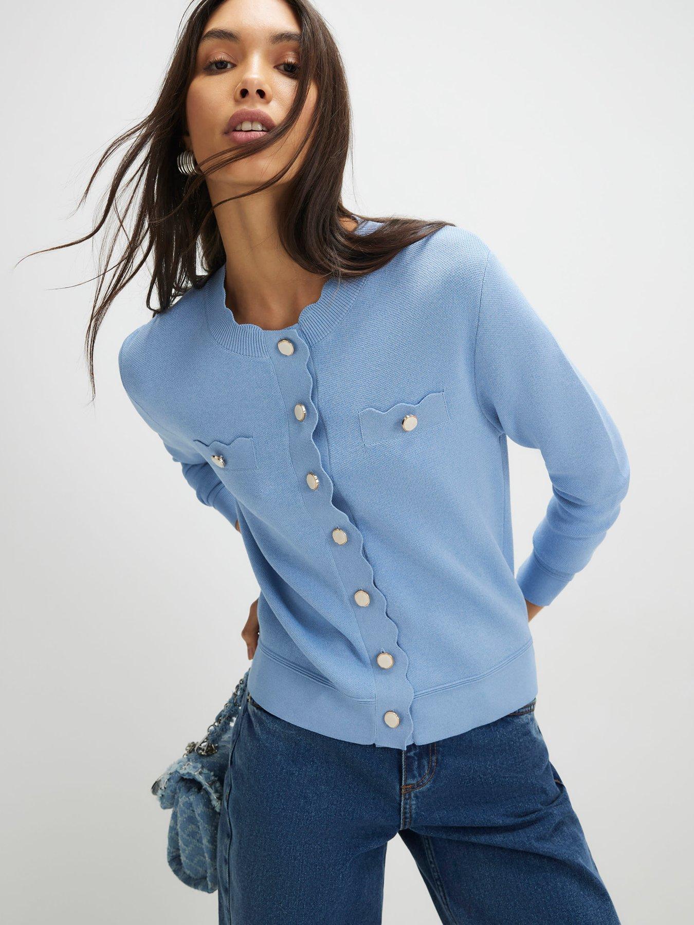 Image 1 of 4 of River Island Knit Fitted Scallop Trim Cardigan - Blue