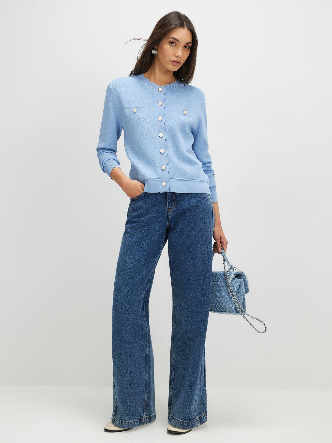 Image 3 of 4 of River Island Knit Fitted Scallop Trim Cardigan - Blue