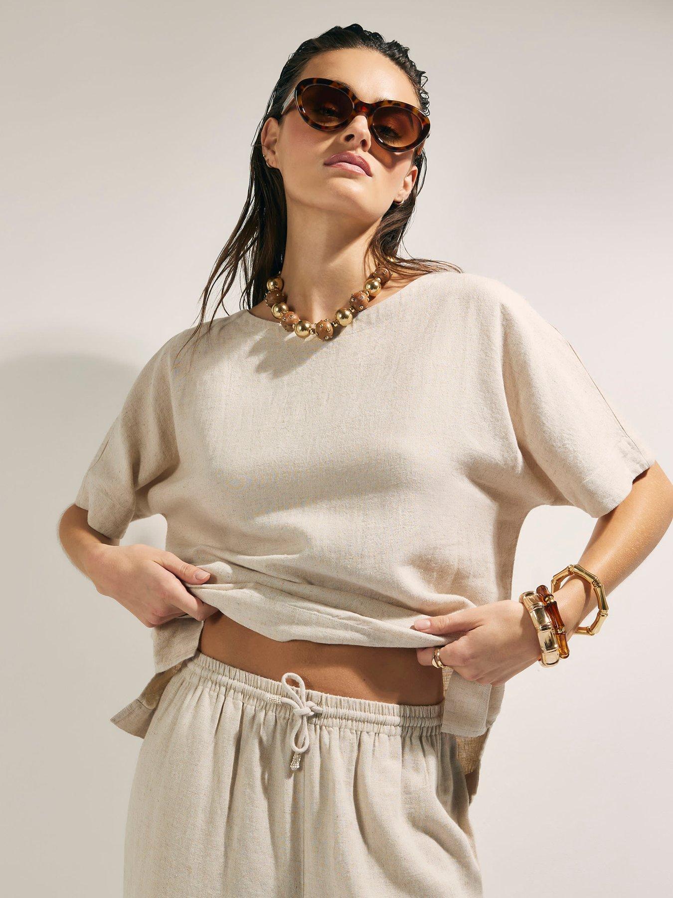 River Island Linen Blend Short Sleeve T-Shirt - Beige