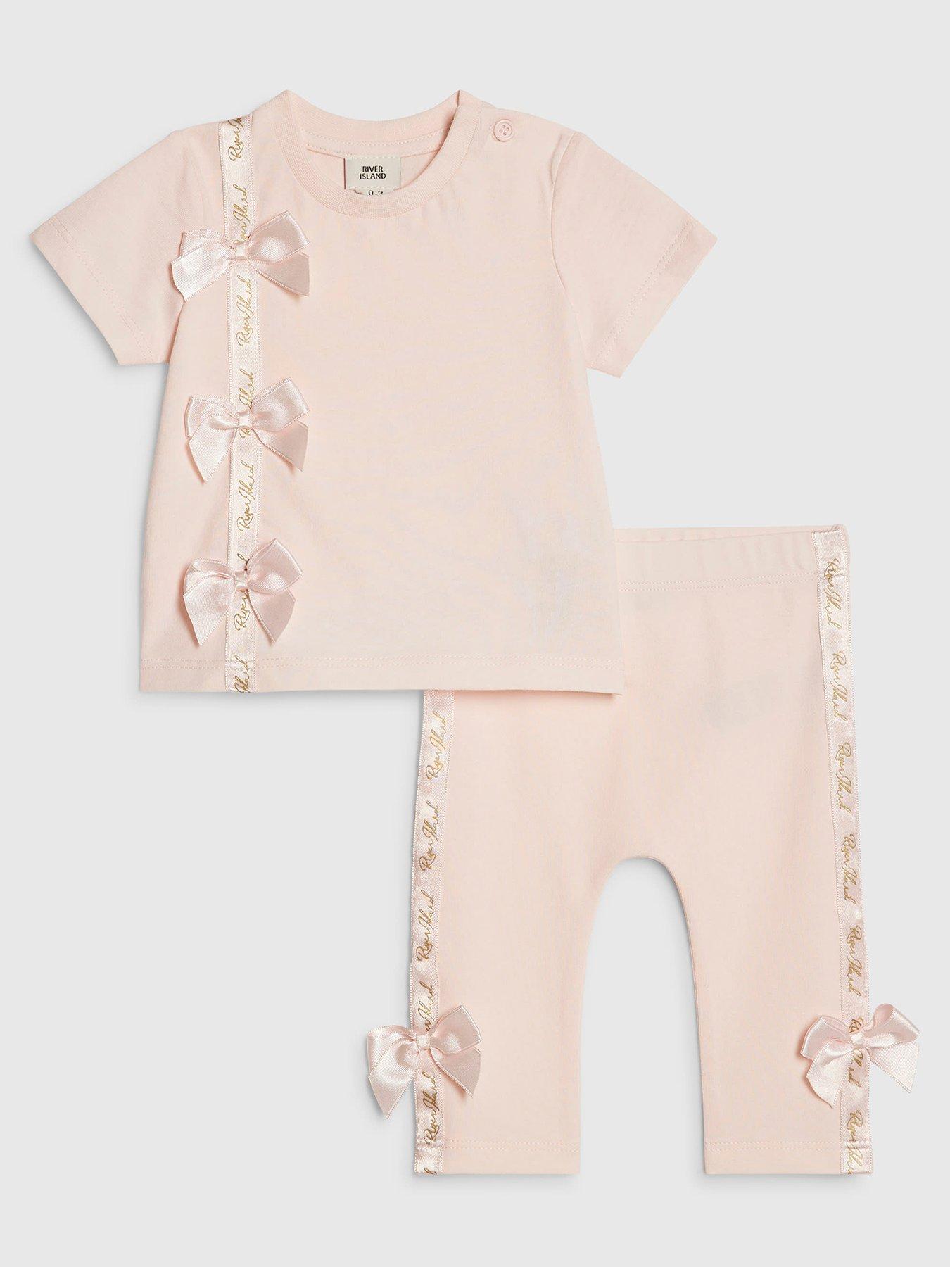 Image 1 of 5 of River Island Baby Bg Short Sleeve Satin Bow T-Shirt Set - Pink