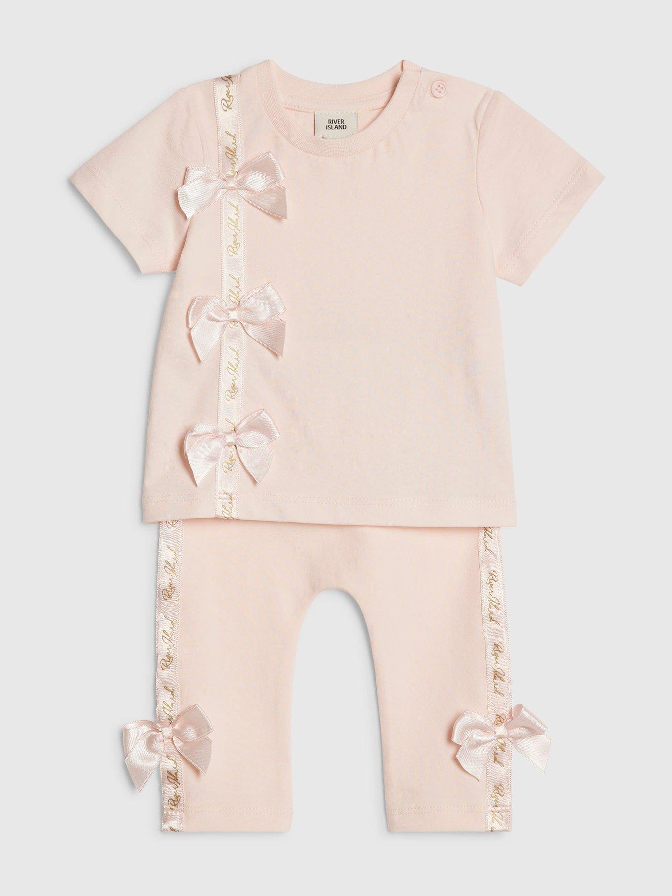 Image 3 of 5 of River Island Baby Bg Short Sleeve Satin Bow T-Shirt Set - Pink