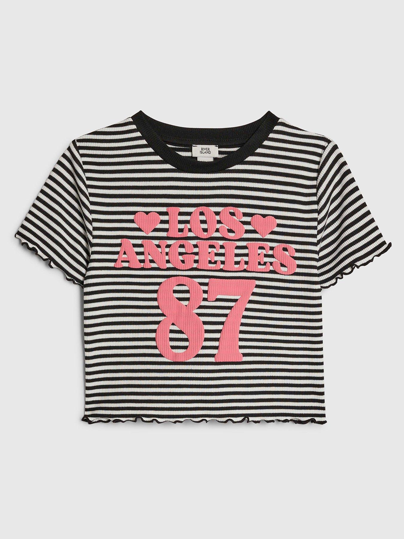 River Island Older Girls Stripe Los Angeles 87 T-Shirt - Black