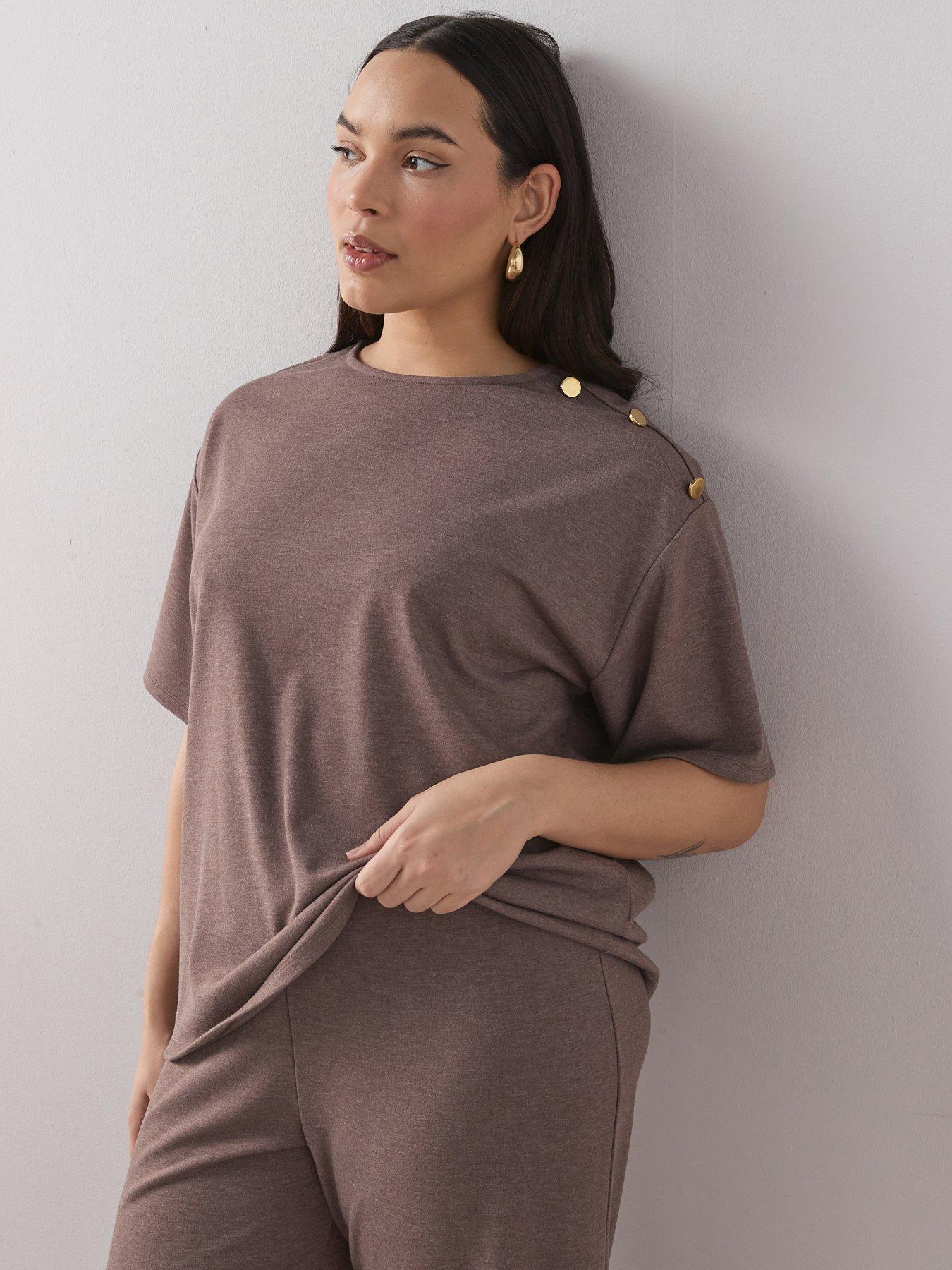 The Very Collection Curve Button Detail T-Shirt Co-Ord - Brown
