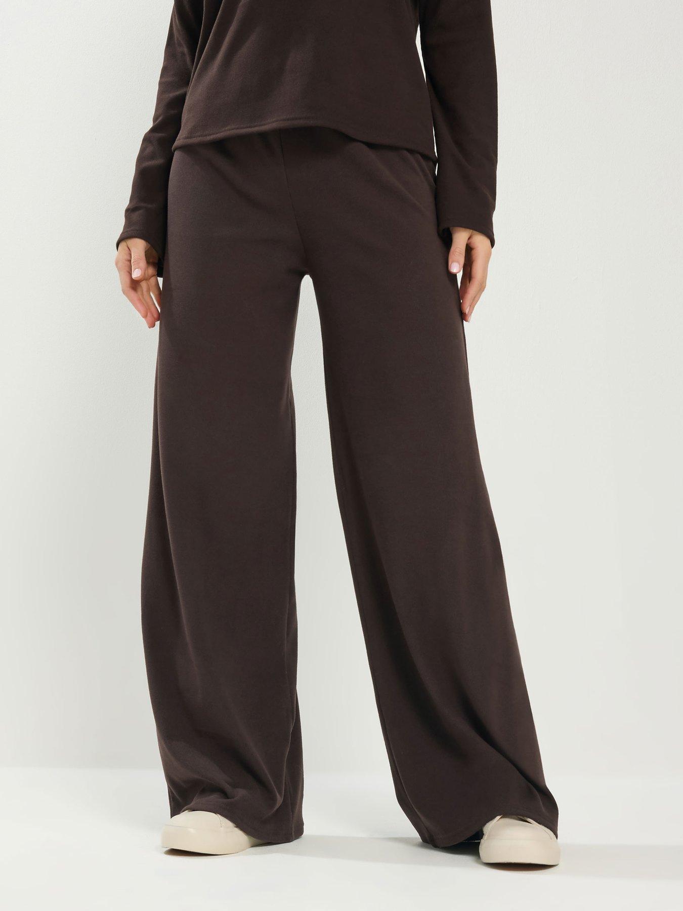 Long Tall Sally Brushed Rib Wide Leg Trousers - Brown