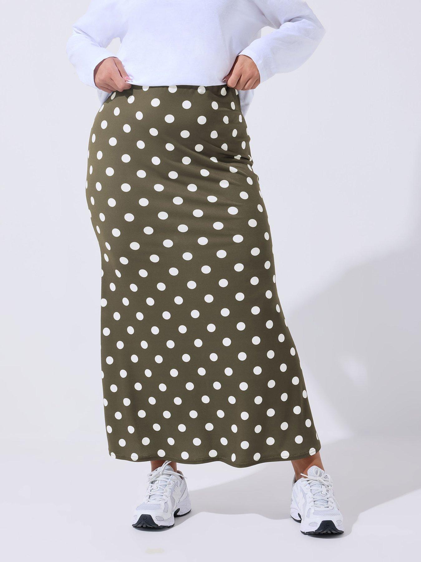 Image 1 of 5 of Yours Curve Polka Dot Midi Skirt- Brown