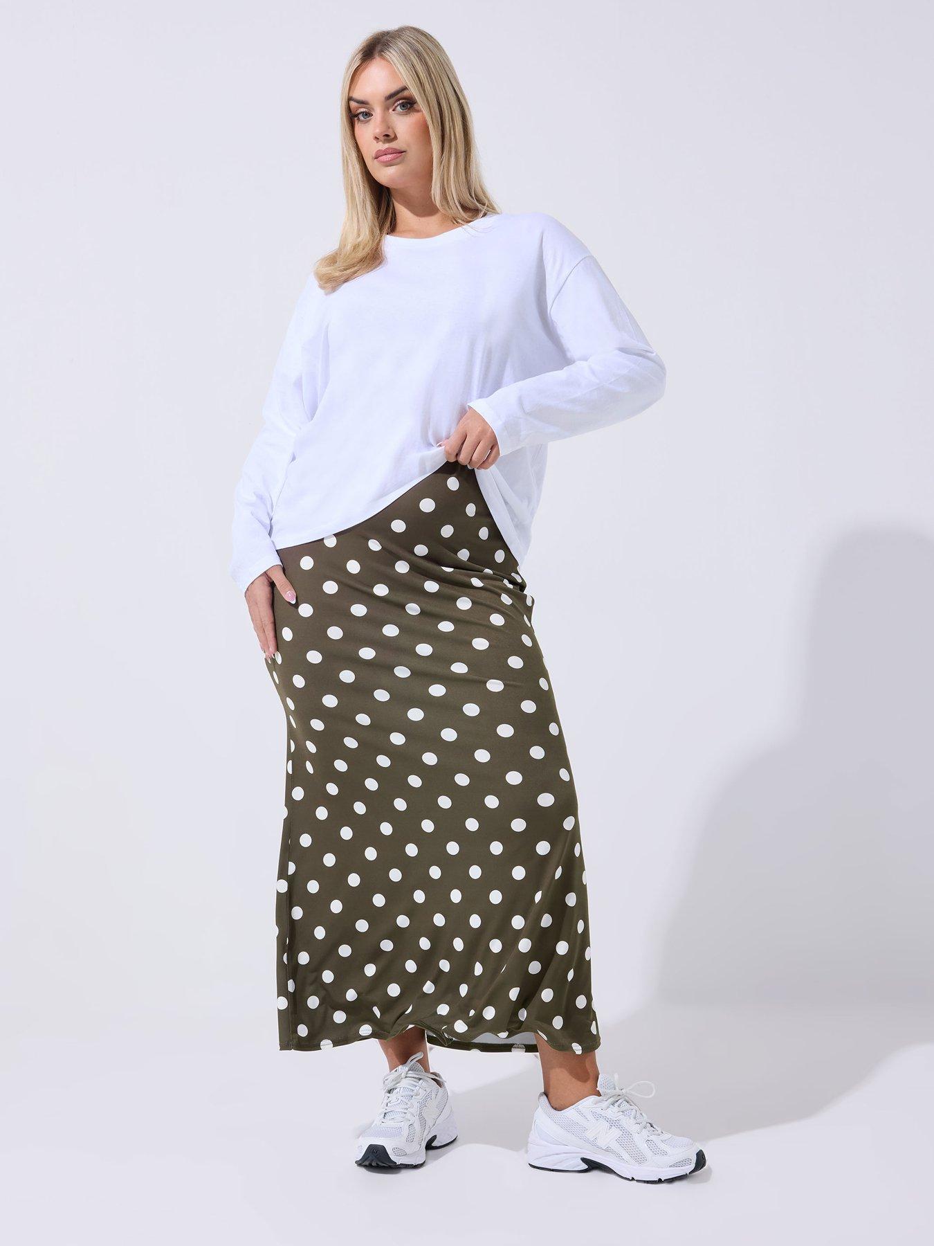 Image 3 of 5 of Yours Curve Polka Dot Midi Skirt- Brown