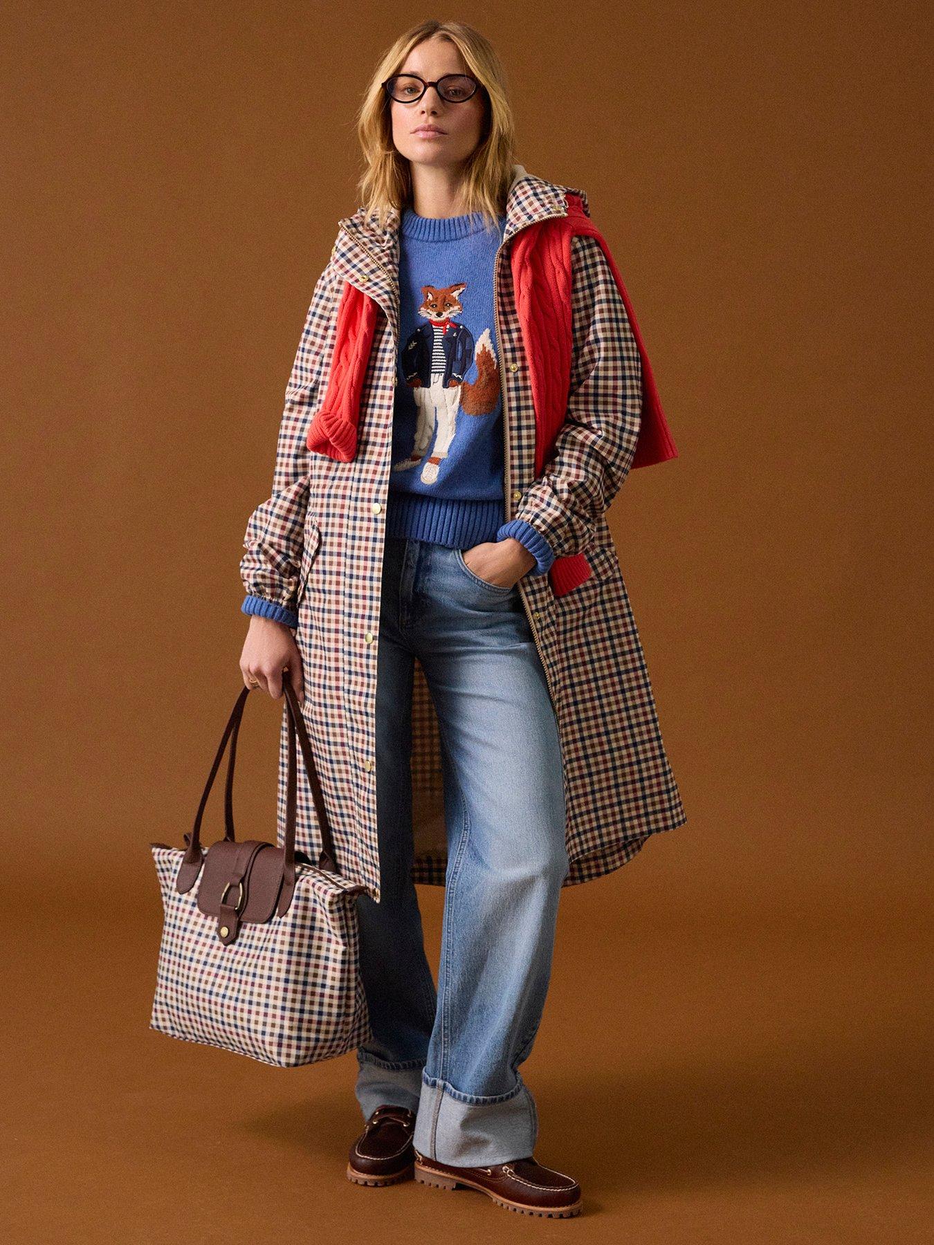 Image 1 of 7 of Joules Holkham Gingham Waterproof Packable Raincoat With Hood - Brown