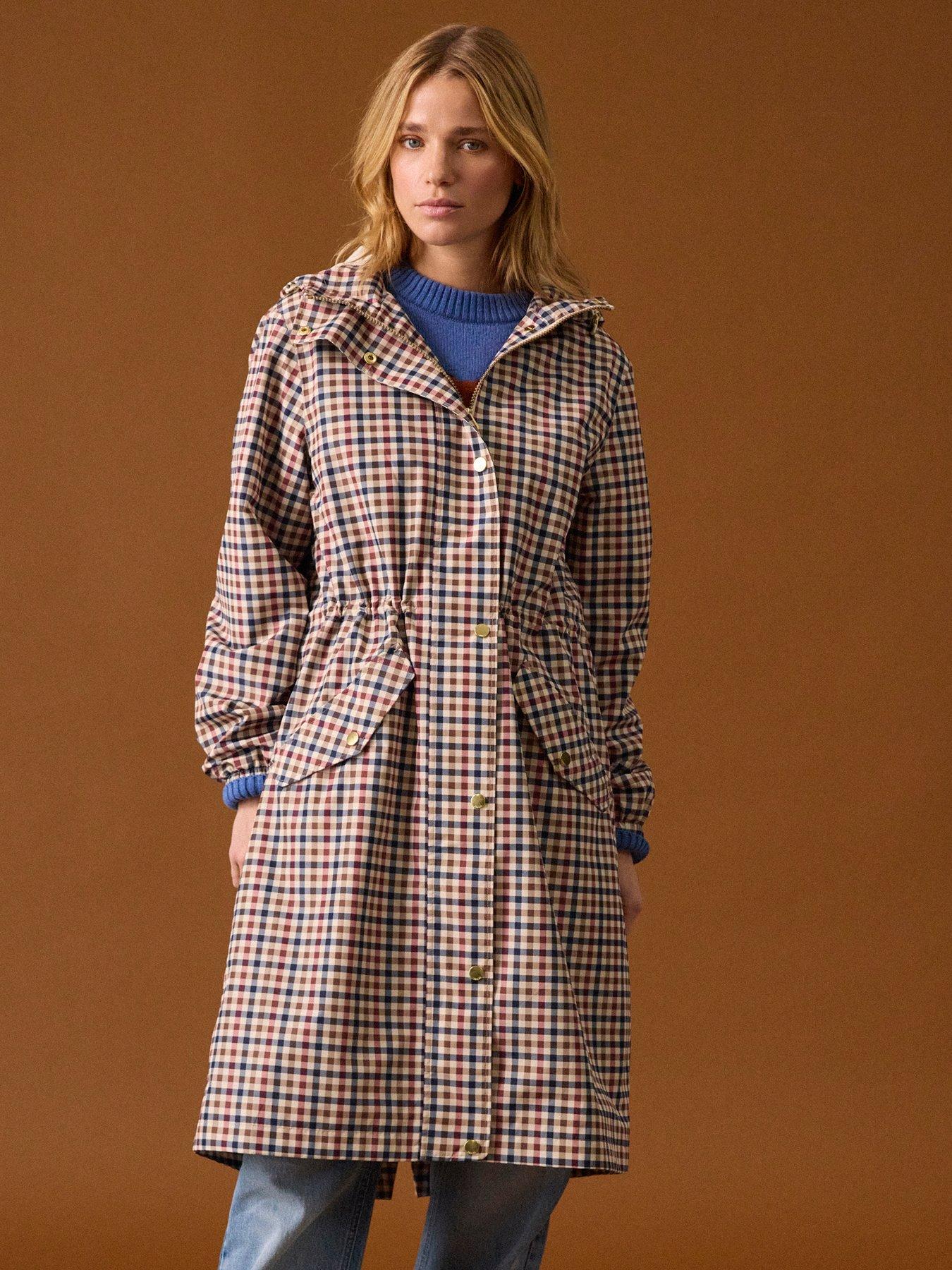 Image 2 of 7 of Joules Holkham Gingham Waterproof Packable Raincoat With Hood - Brown