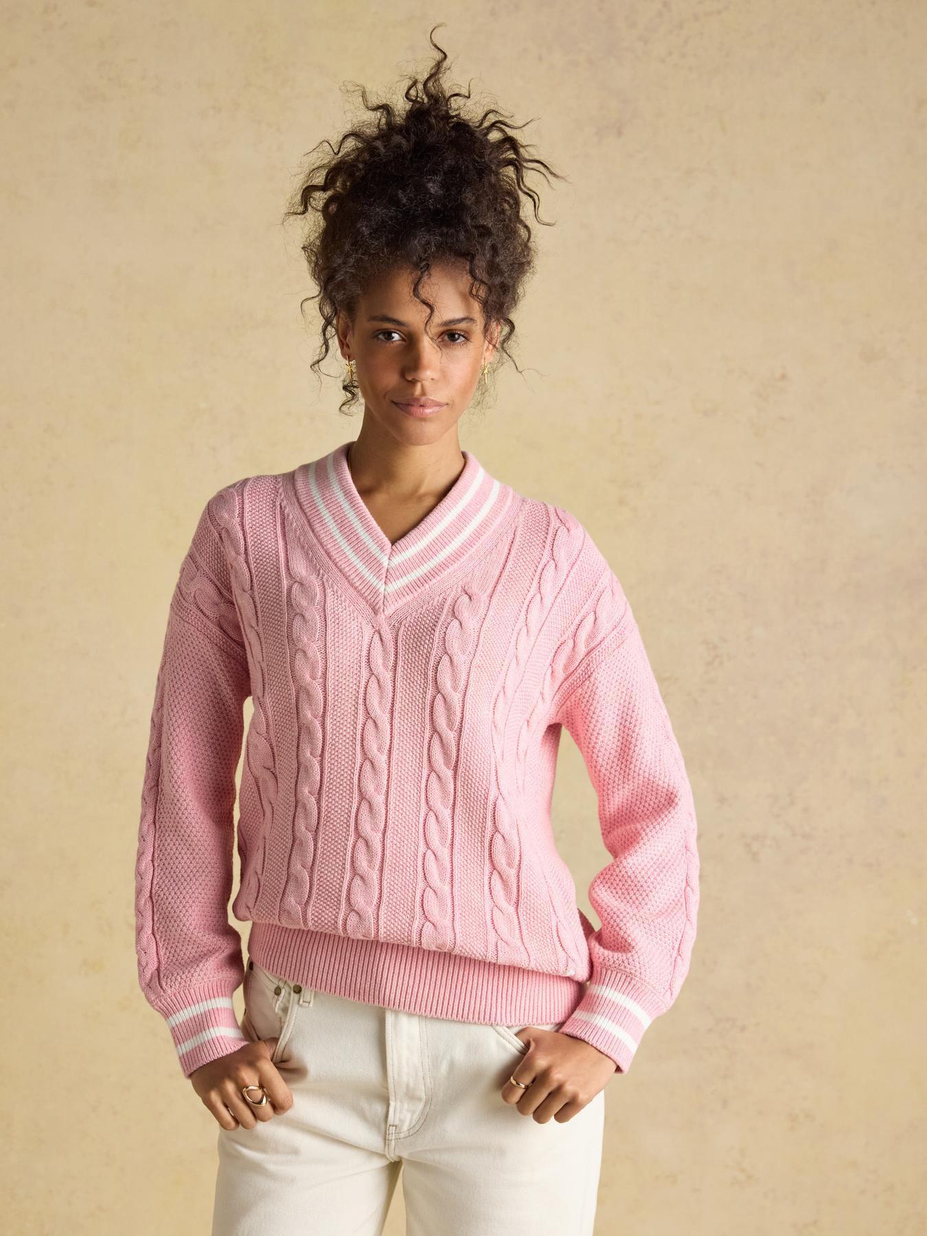 Joules Dibly Cable Knit Cricket Cotton Jumper - Pink