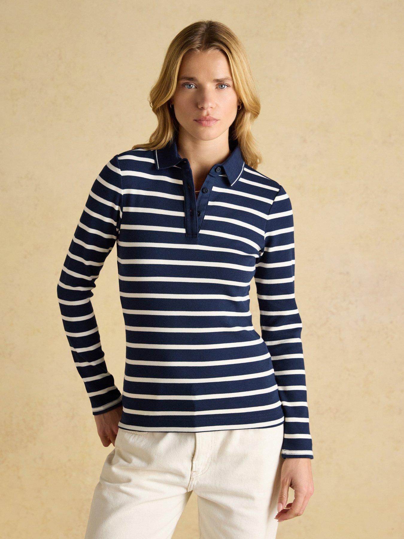 Joules Ribbed Long Sleeve Stripe Polo Top - Navy/Cream | Very