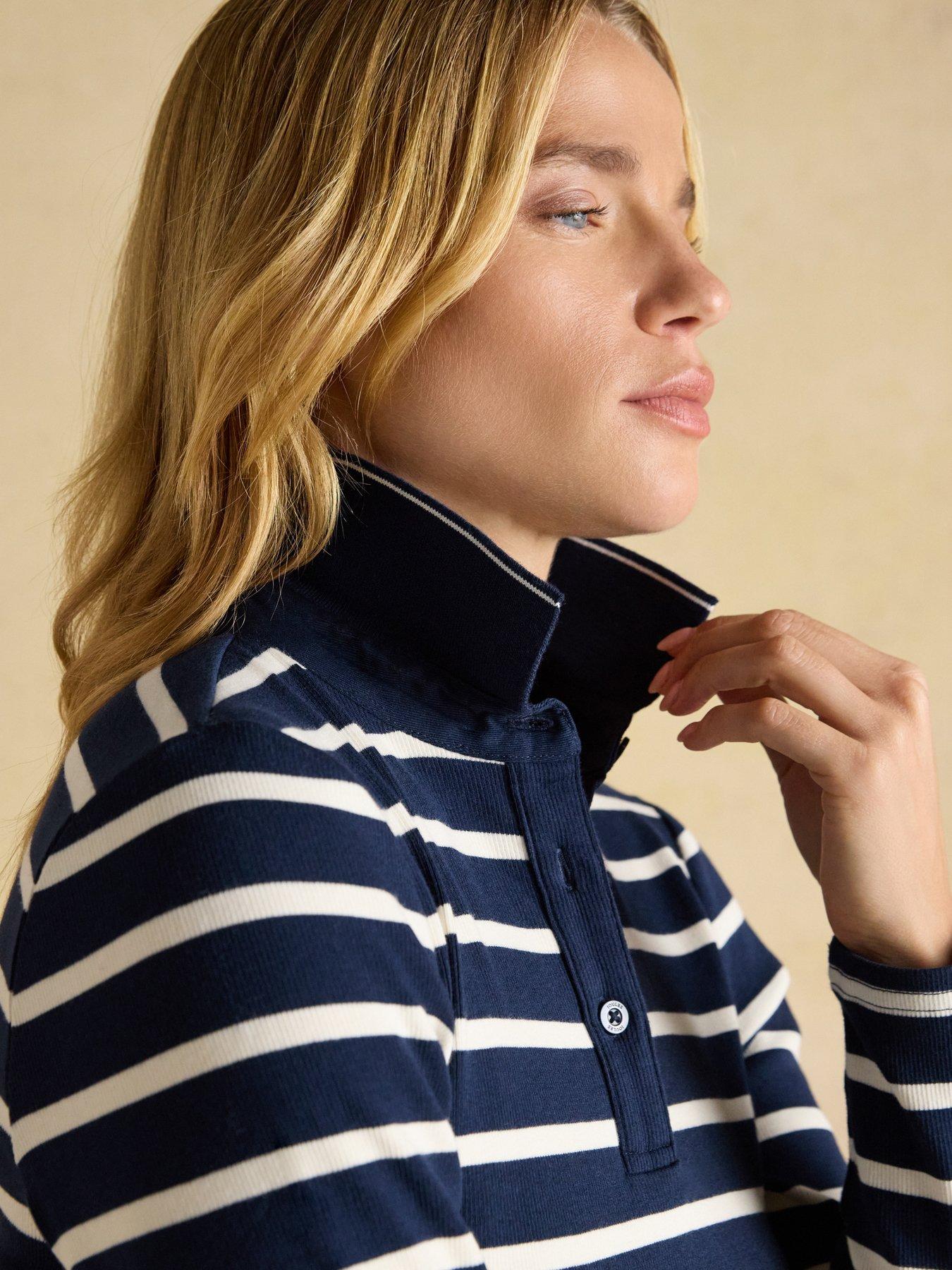 Joules Ribbed Long Sleeve Stripe Polo Top - Navy/Cream | Very