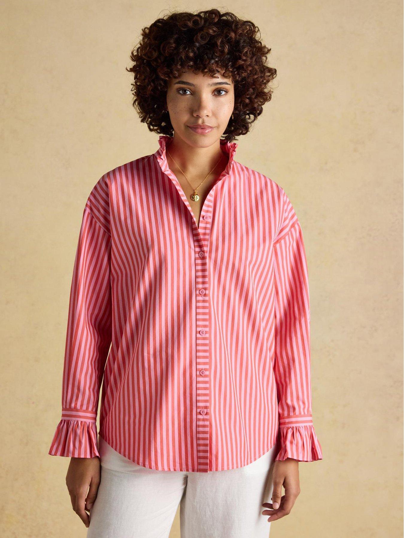 Joules Mae Relaxed Fit Frill Neck Stripe Shirt - Pink
