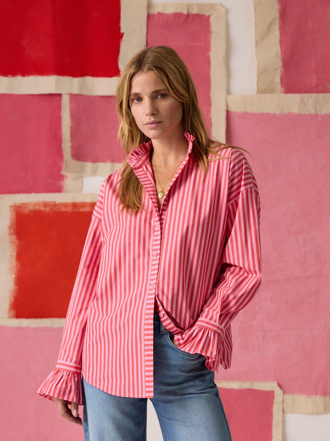 Image 1 of 3 of Joules Mae Relaxed Fit Frill Neck Stripe Shirt - Pink