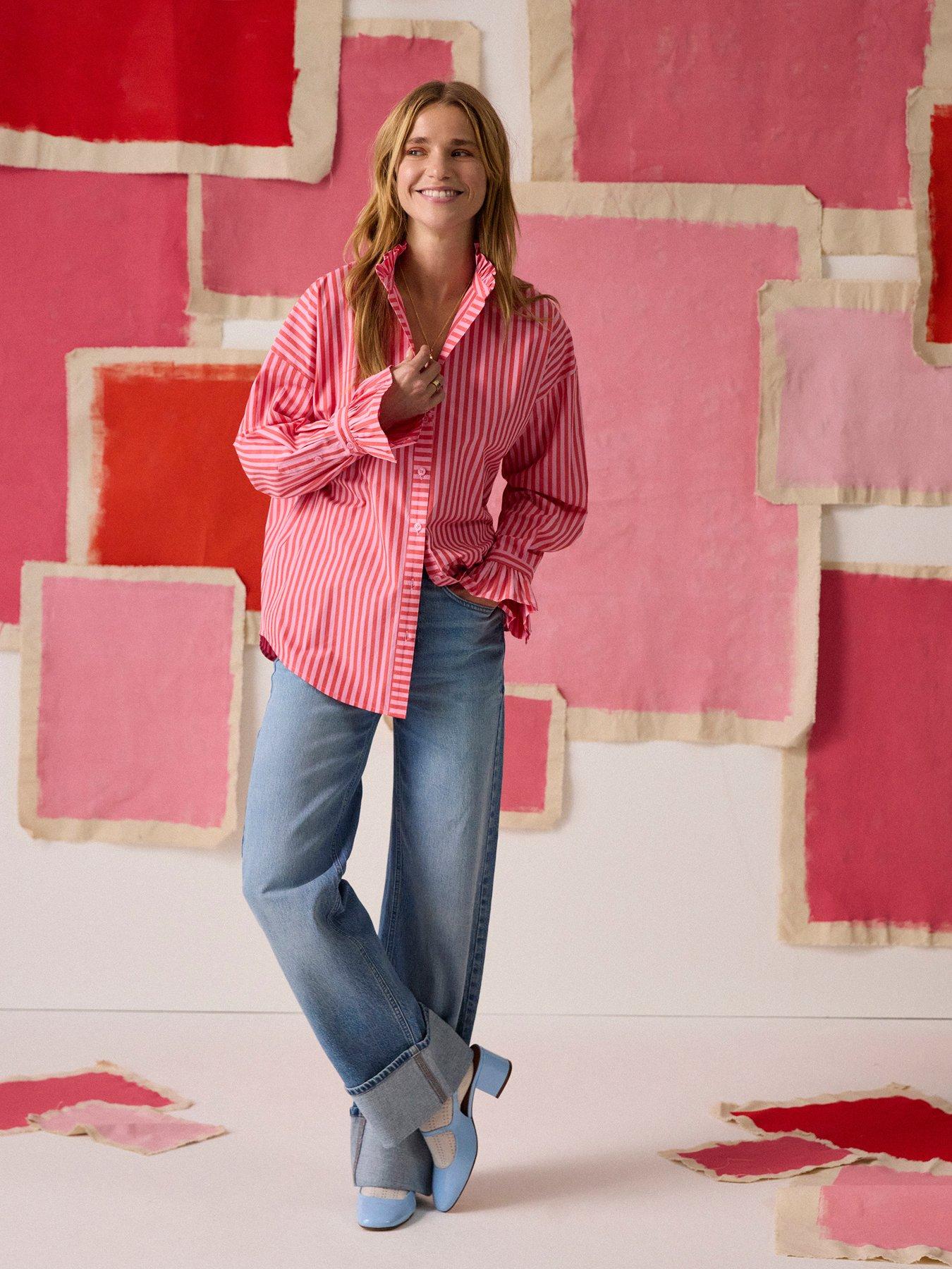 Image 2 of 3 of Joules Mae Relaxed Fit Frill Neck Stripe Shirt - Pink