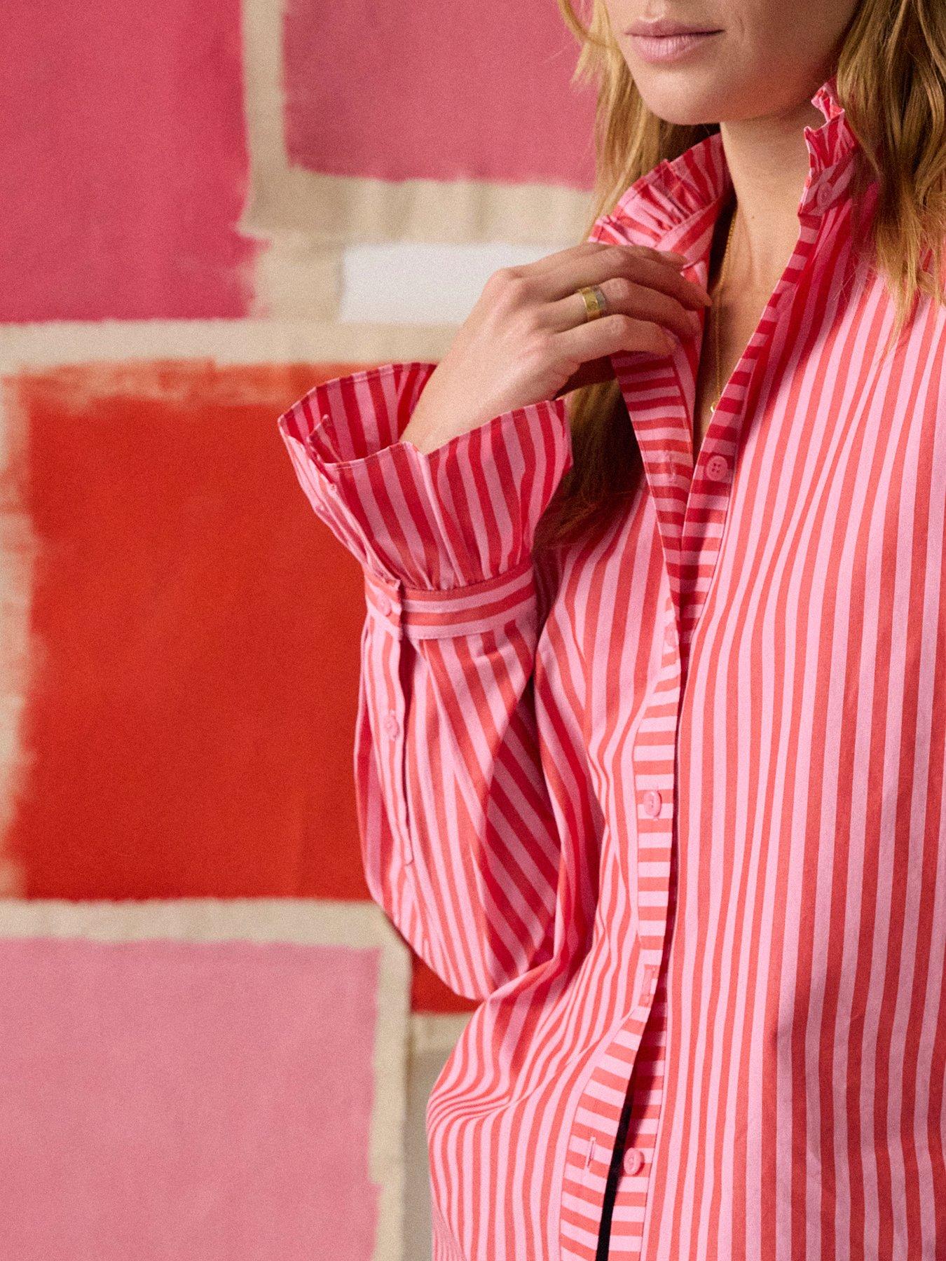 Image 3 of 3 of Joules Mae Relaxed Fit Frill Neck Stripe Shirt - Pink