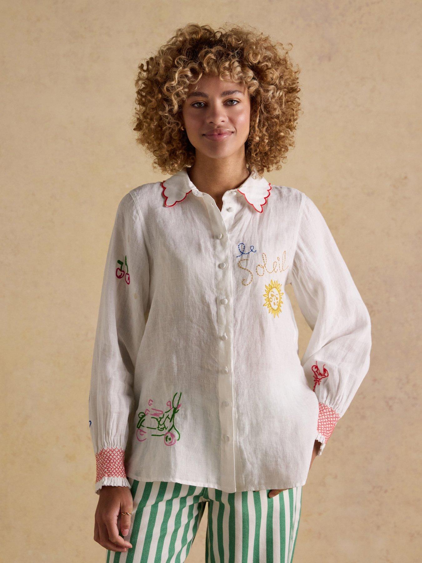 Joules Orla Embroidered Icons Pure Linen Long Sleeve Shirt - White