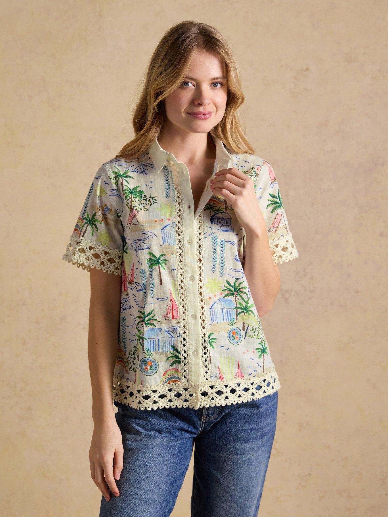 Joules Isobel Coastal Scene Print Crochet Trim Shirt - Multi