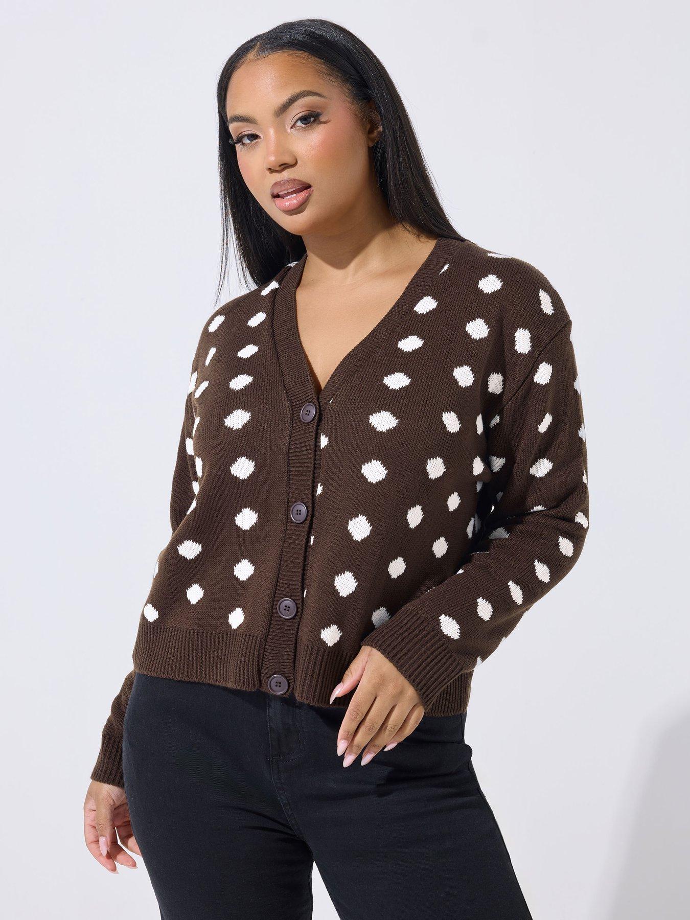 Yours Curve Polka Dot Knitted Carigan - Brown