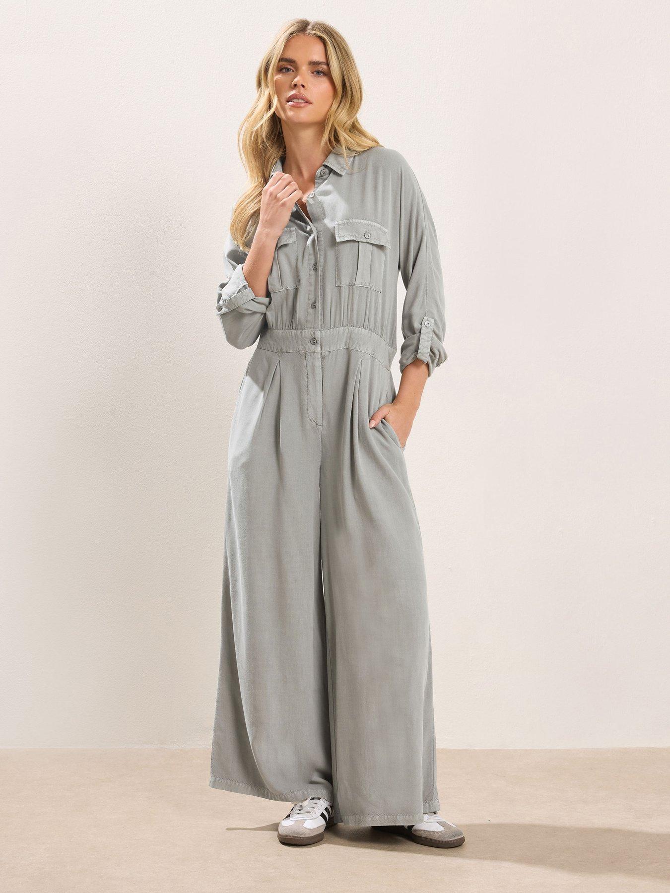 PixieGirl Petite Acid Wash Wide Leg Jumpsuit - Grey