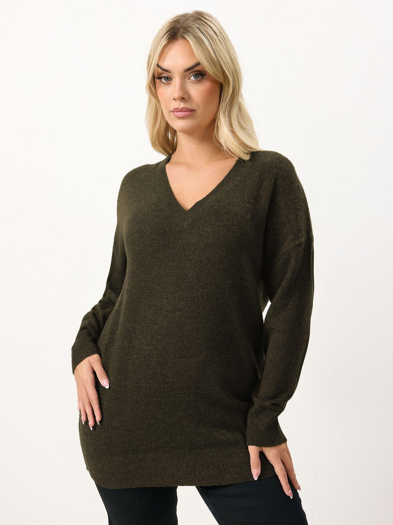 Image 1 of 5 of Yours Curve V Neck Soft Touch Jumper - Brown