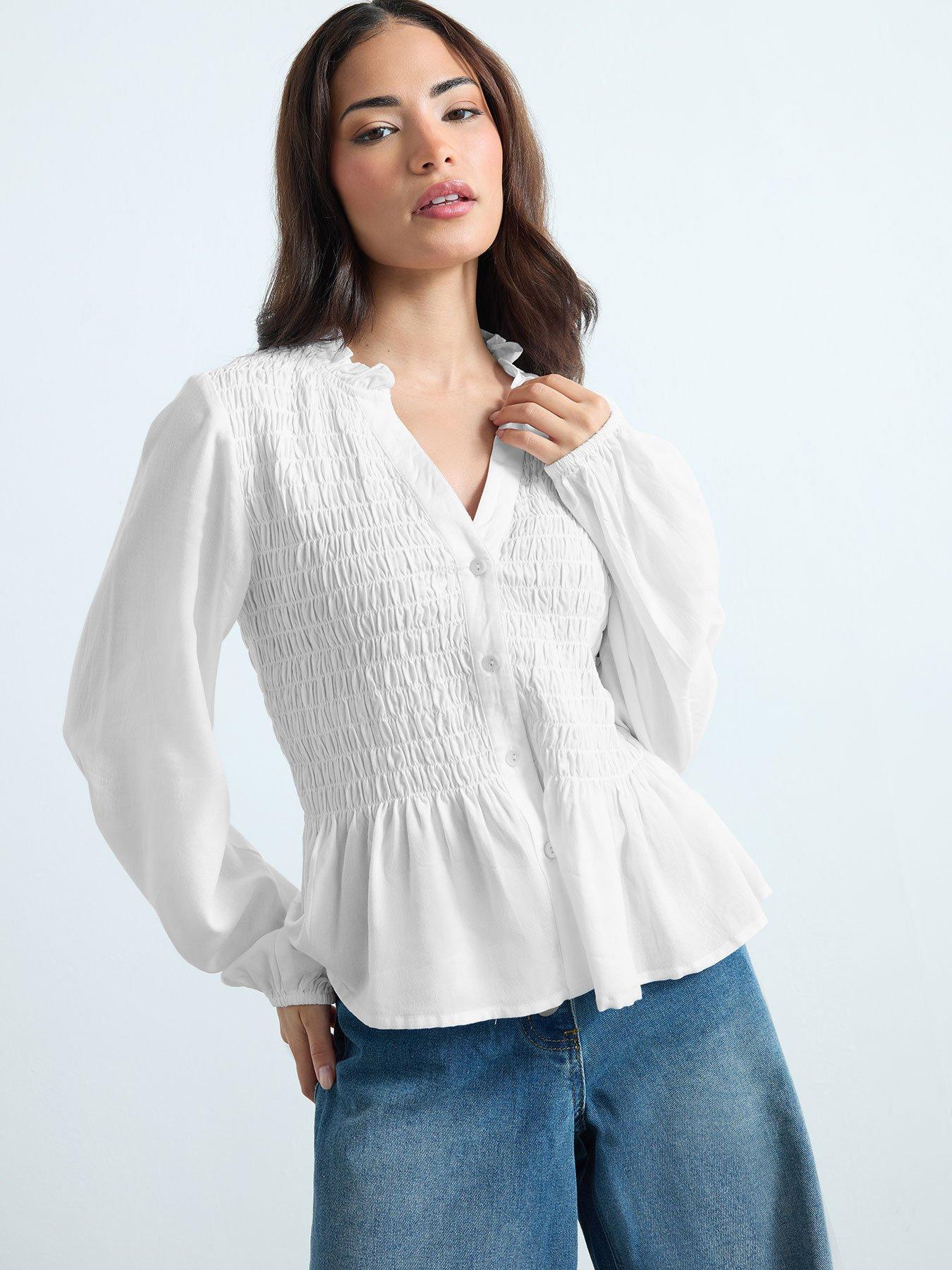 PixieGirl Petite Shirred Long Sleeve Shirt - White