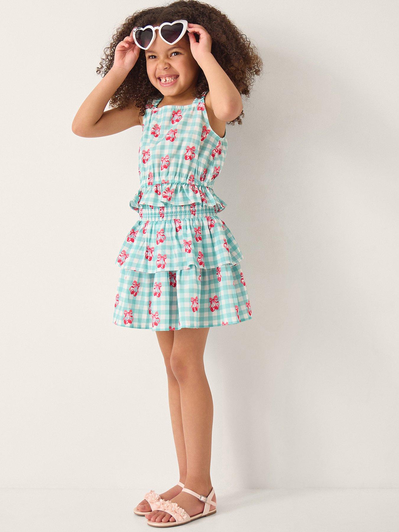 Monsoon Girls Gingham Cherry Skirt Set - Green
