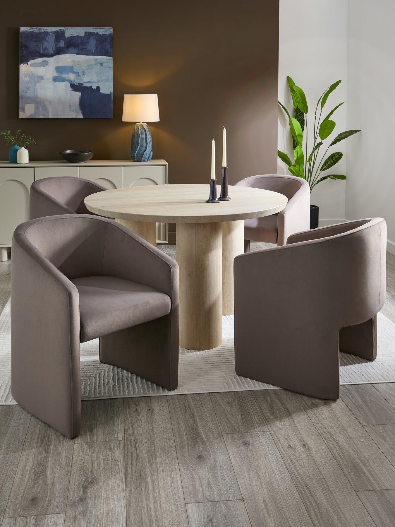 The Very Collection Arley 120 cm Round Dining Table + 4 Mira Dining Chairs - White Wash Oak/Taupe