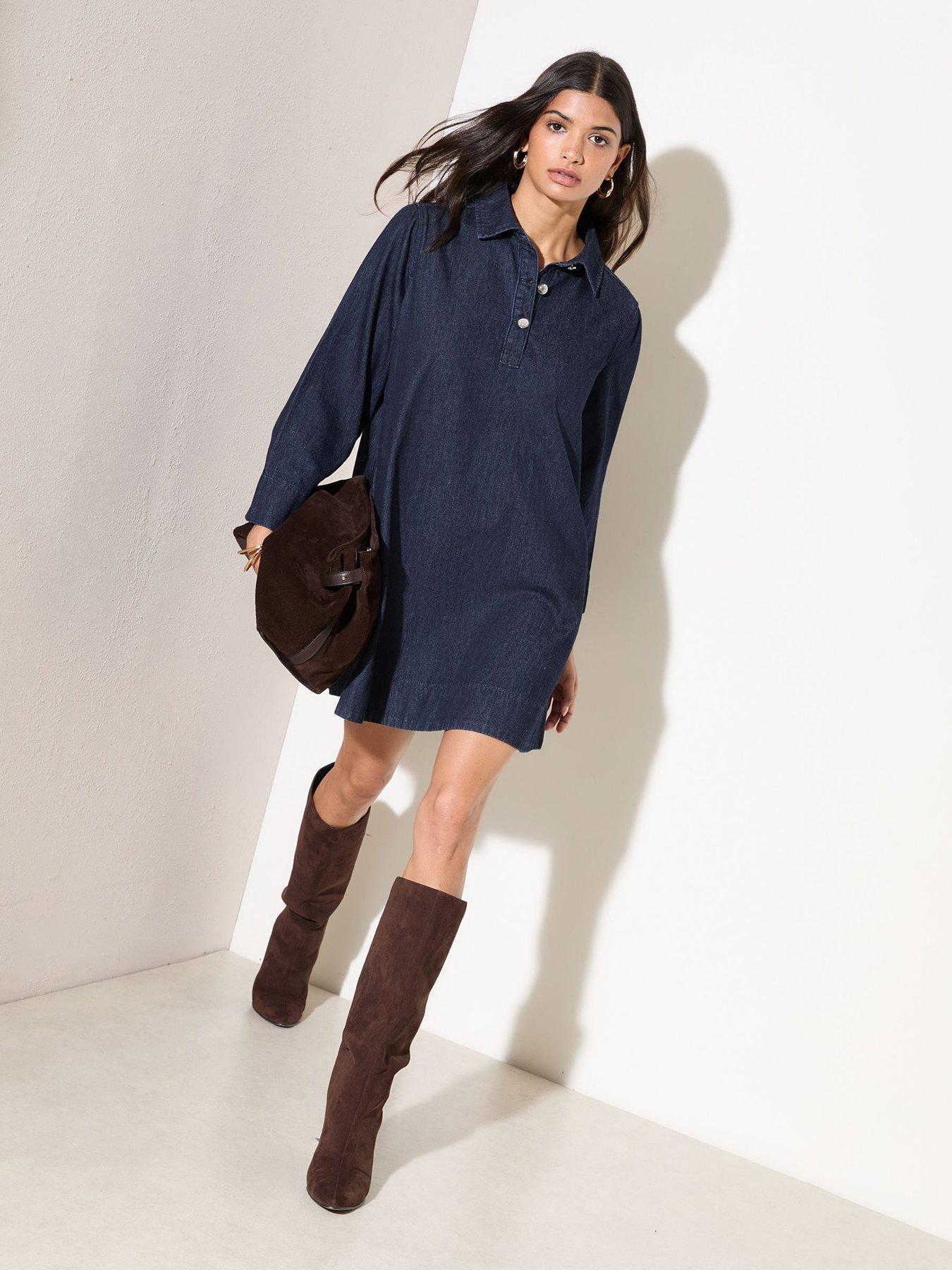 Friends Like These Denim Trapeze Long Sleeve Mini Dress - Blue