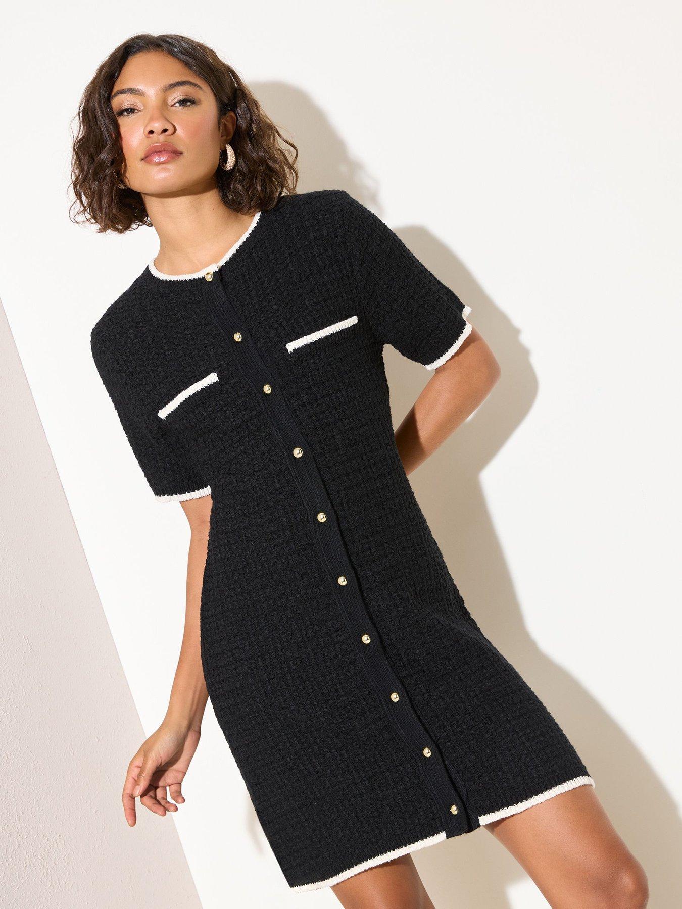 Friends Like These Boucle Short Sleeve Tipped Knitted Dress, Black, Size 14, Women