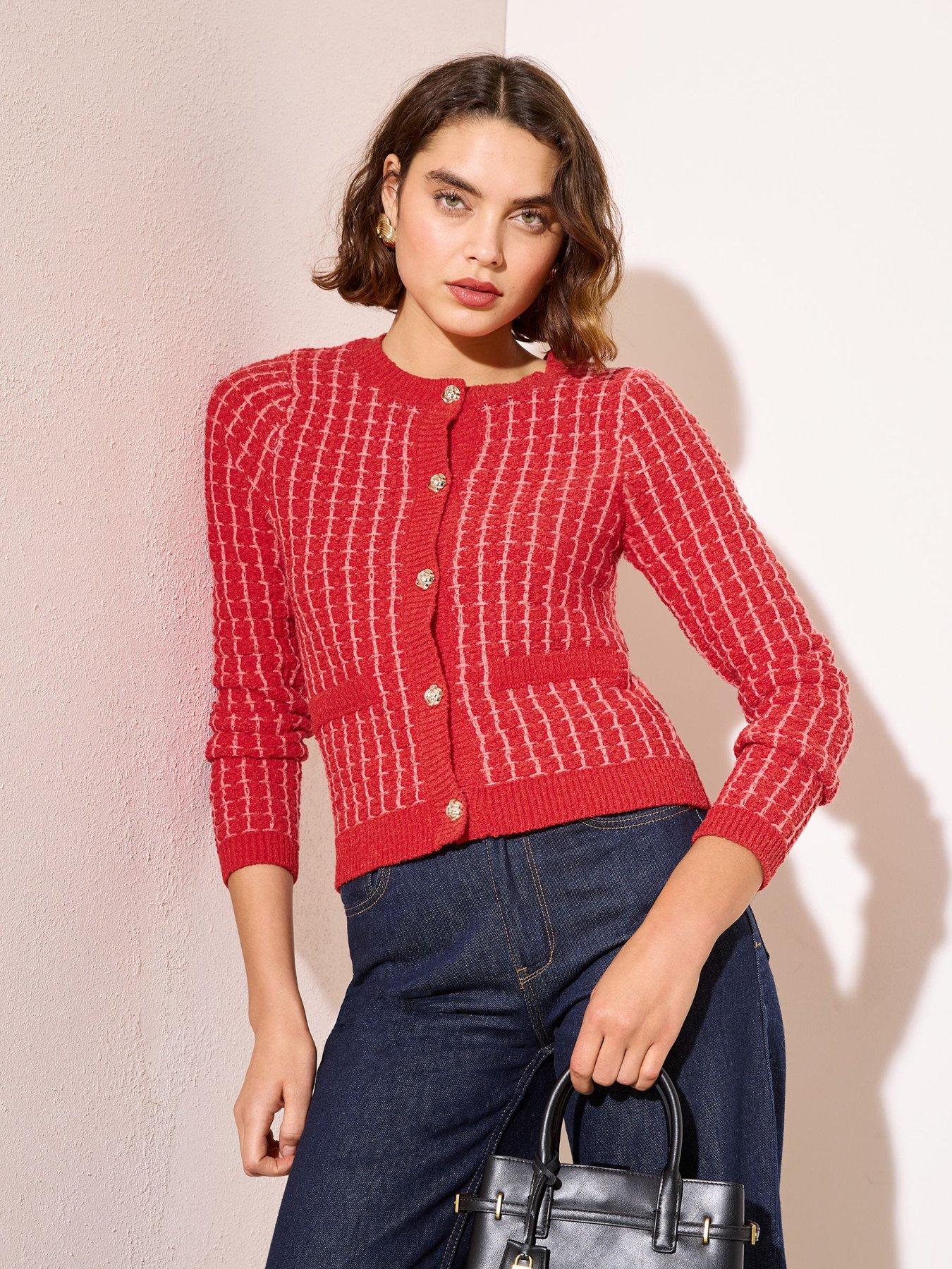 Friends Like These: Long Sleeve Boucle Knitted Cardigan - Red