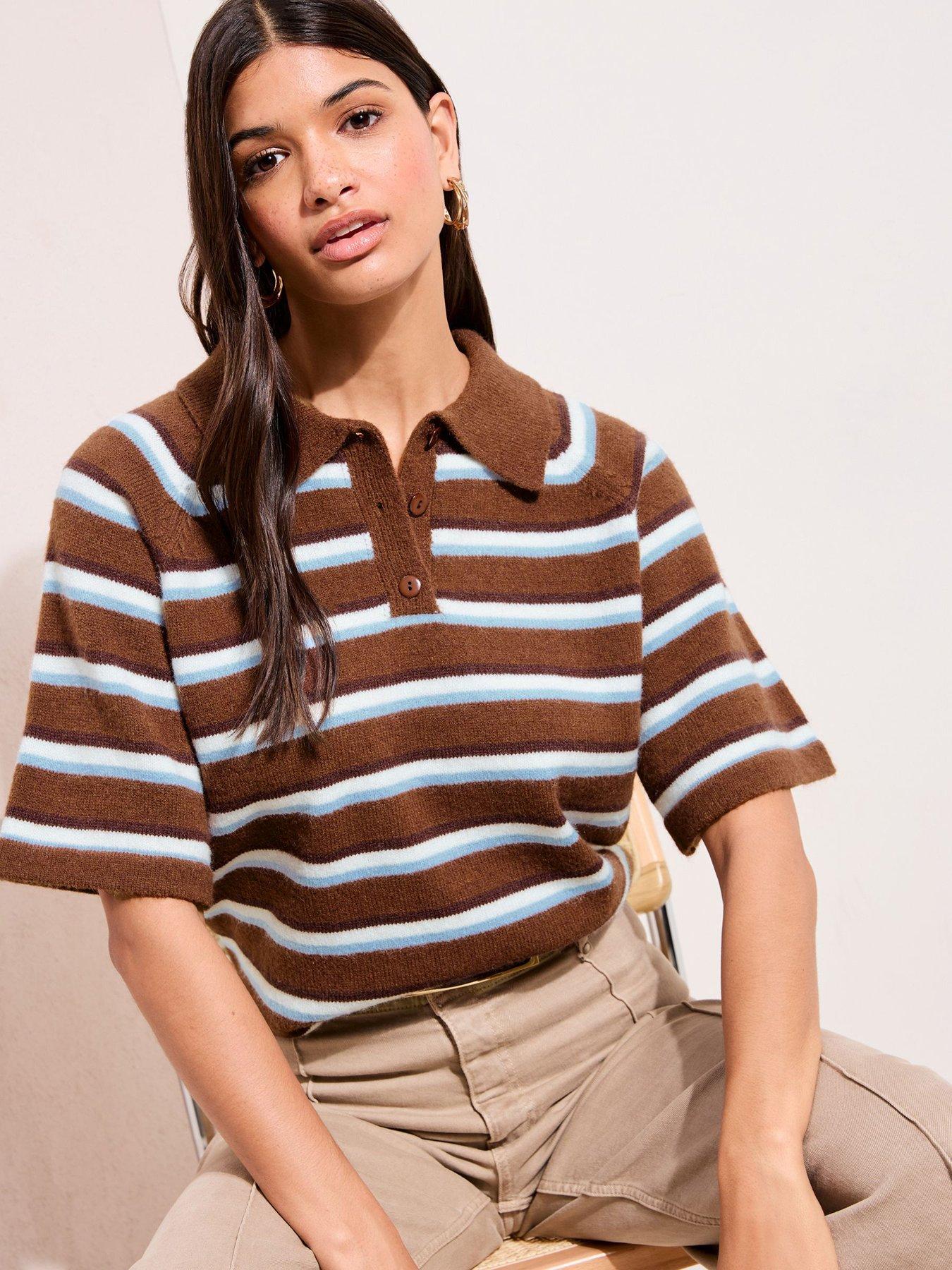 Friends Like These Stripe Collar Knit T-Shirt - Brown