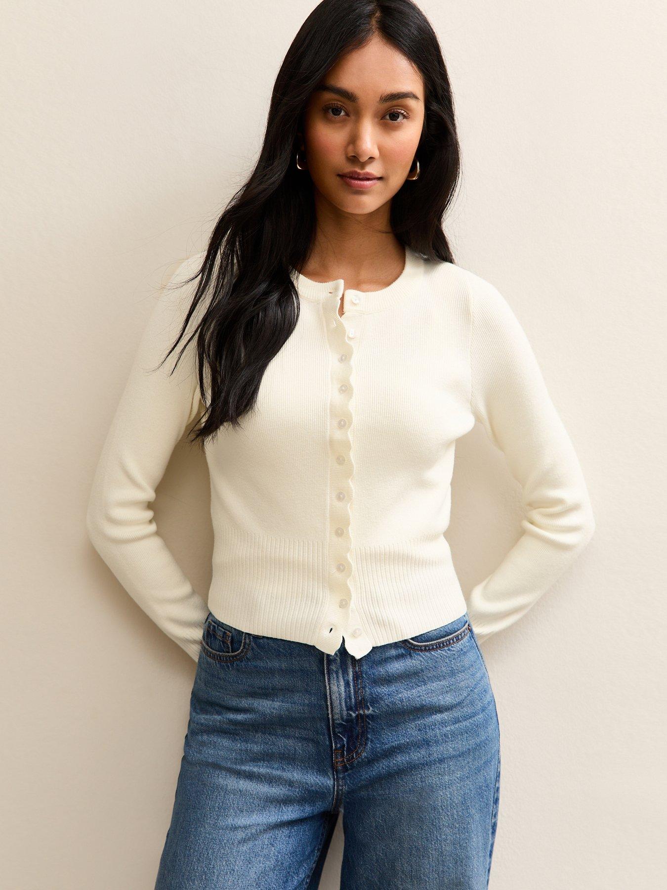New Look: Scalloped Trim Compact Knit Cardigan - Cream