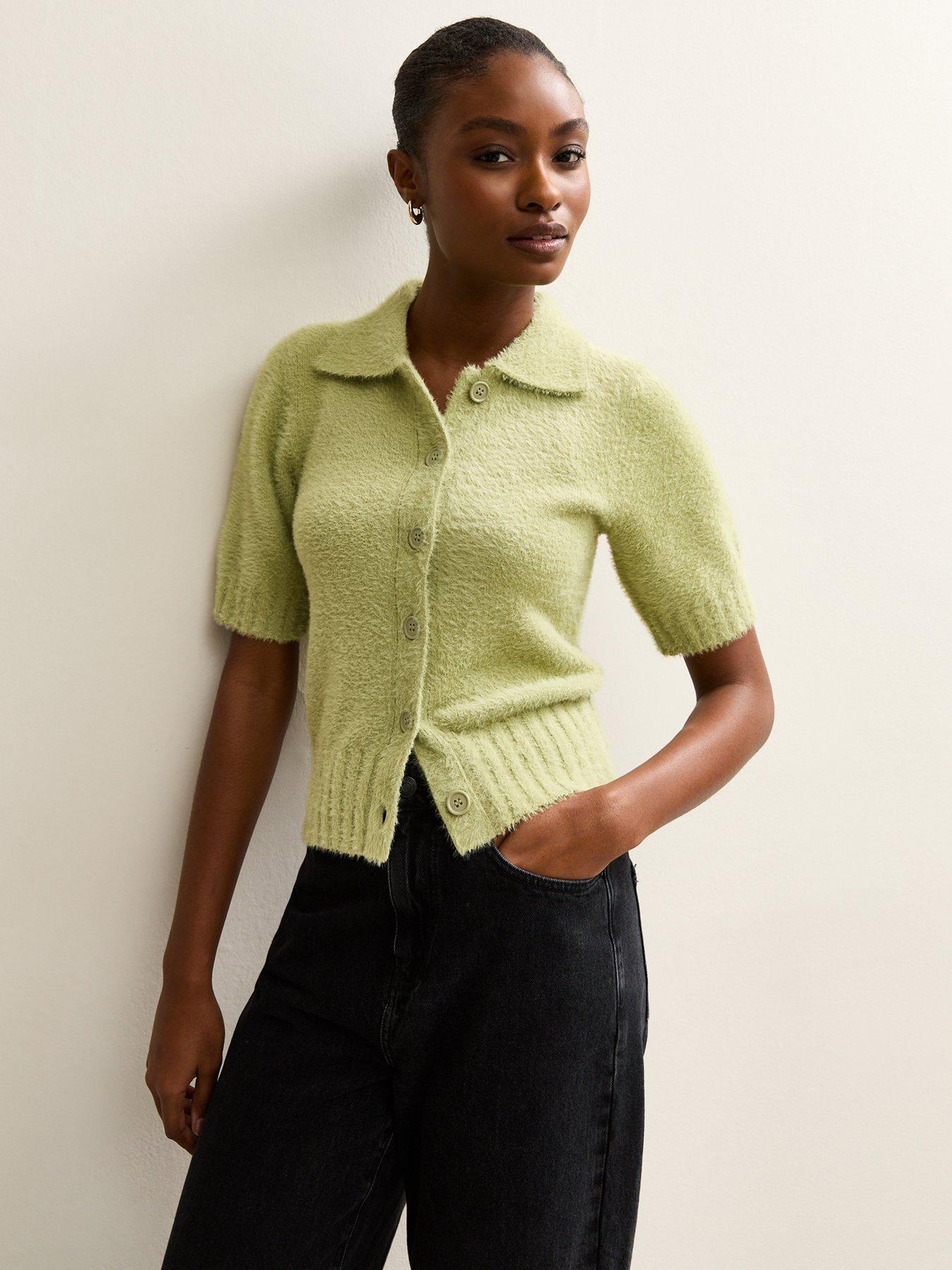 New Look Light Green Fluffy Knit Short Sleeve Collared Cardigan