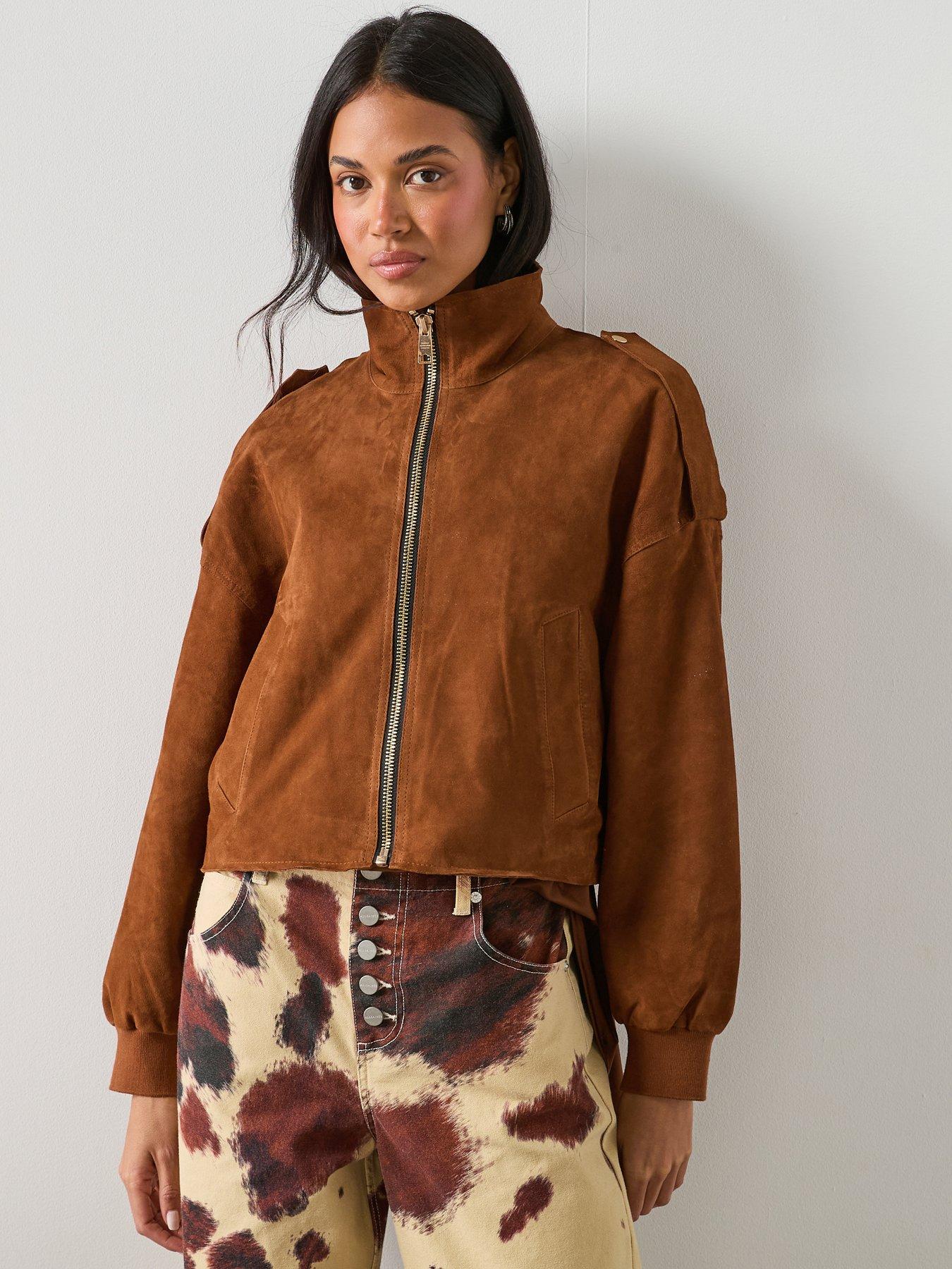 Image 1 of 6 of AllSaints Lowden Suede Cropped Jacket - Cognac Brown