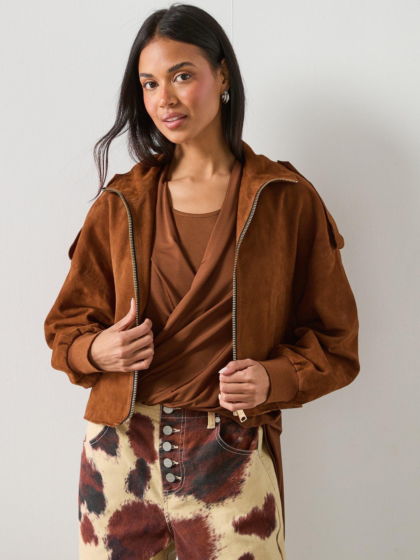 Image 6 of 6 of AllSaints Lowden Suede Cropped Jacket - Cognac Brown