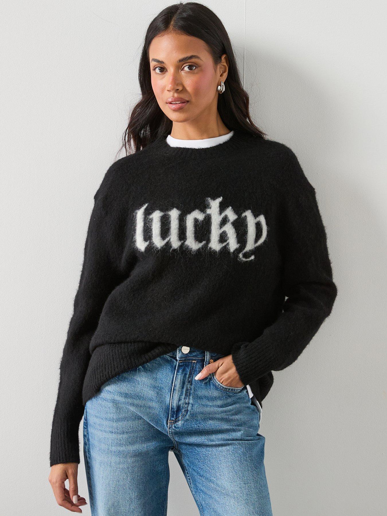AllSaints Lucky Or Not Slogan Long Sleeve Jumper, Black, Size L, Women
