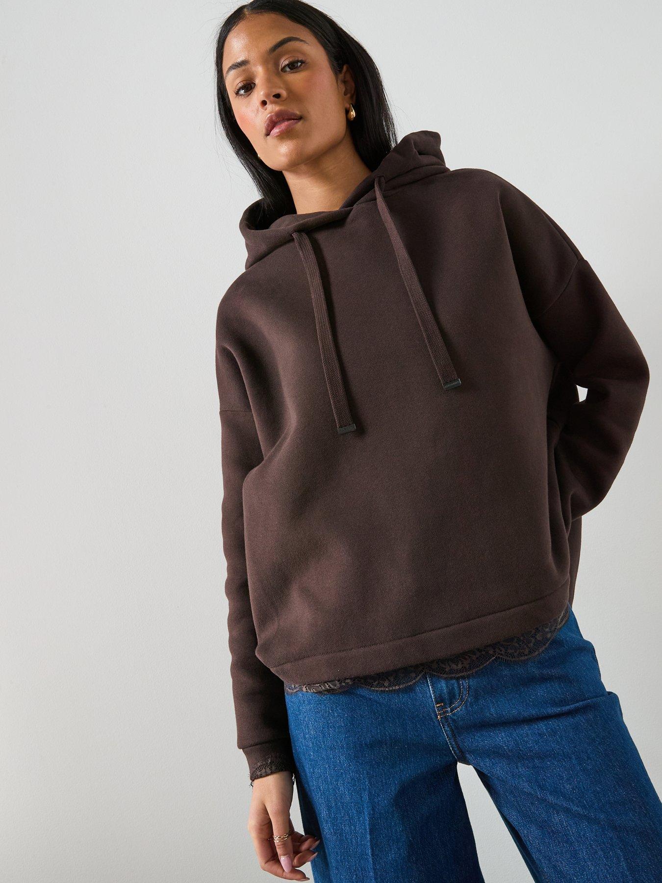 Image 6 of 6 of AllSaints Nia Relaxed Fit Lace Insert Hoodie - Bottle Brown