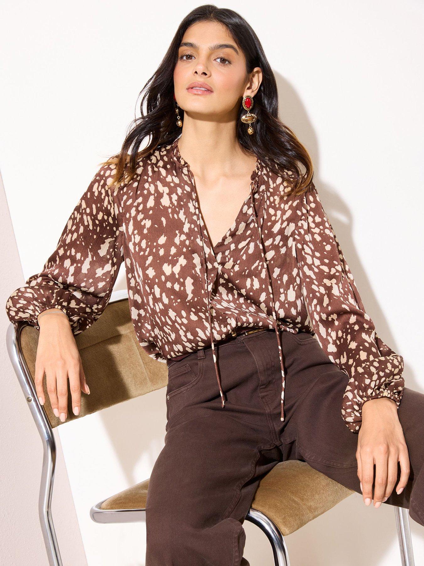 Friends Like These Tie Neck Blouson Blouse - Brown