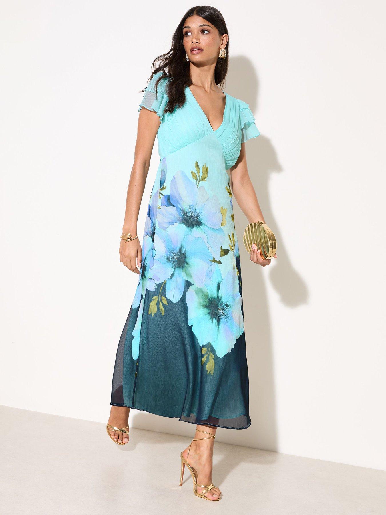 Friends Like These V Neck Placement Print Hem Tiered Sleeve Midaxi - Blue