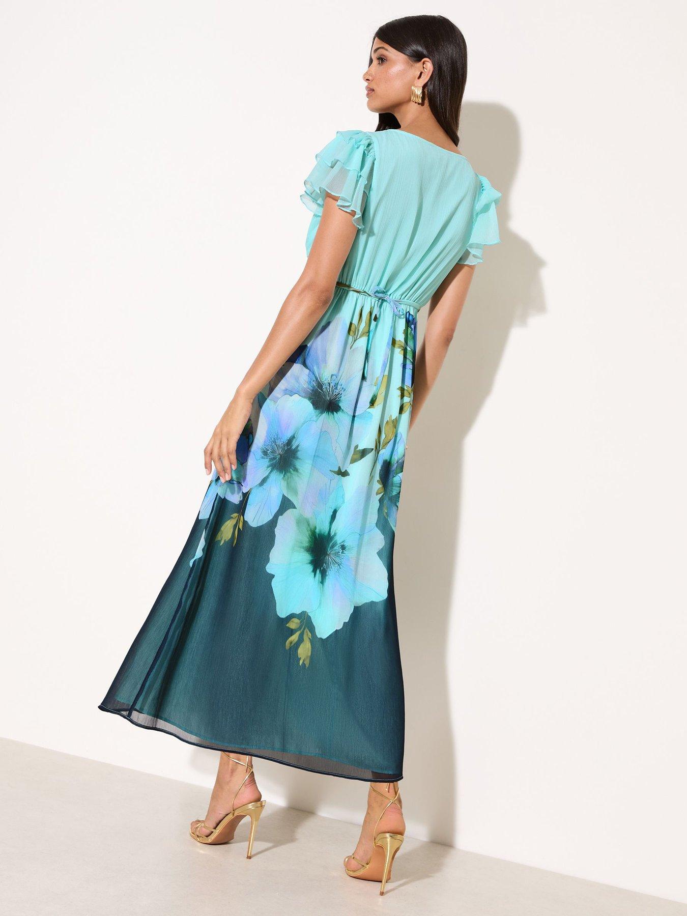 Image 2 of 5 of Friends Like These V Neck Placement Print Hem Tiered Sleeve Midaxi - Blue