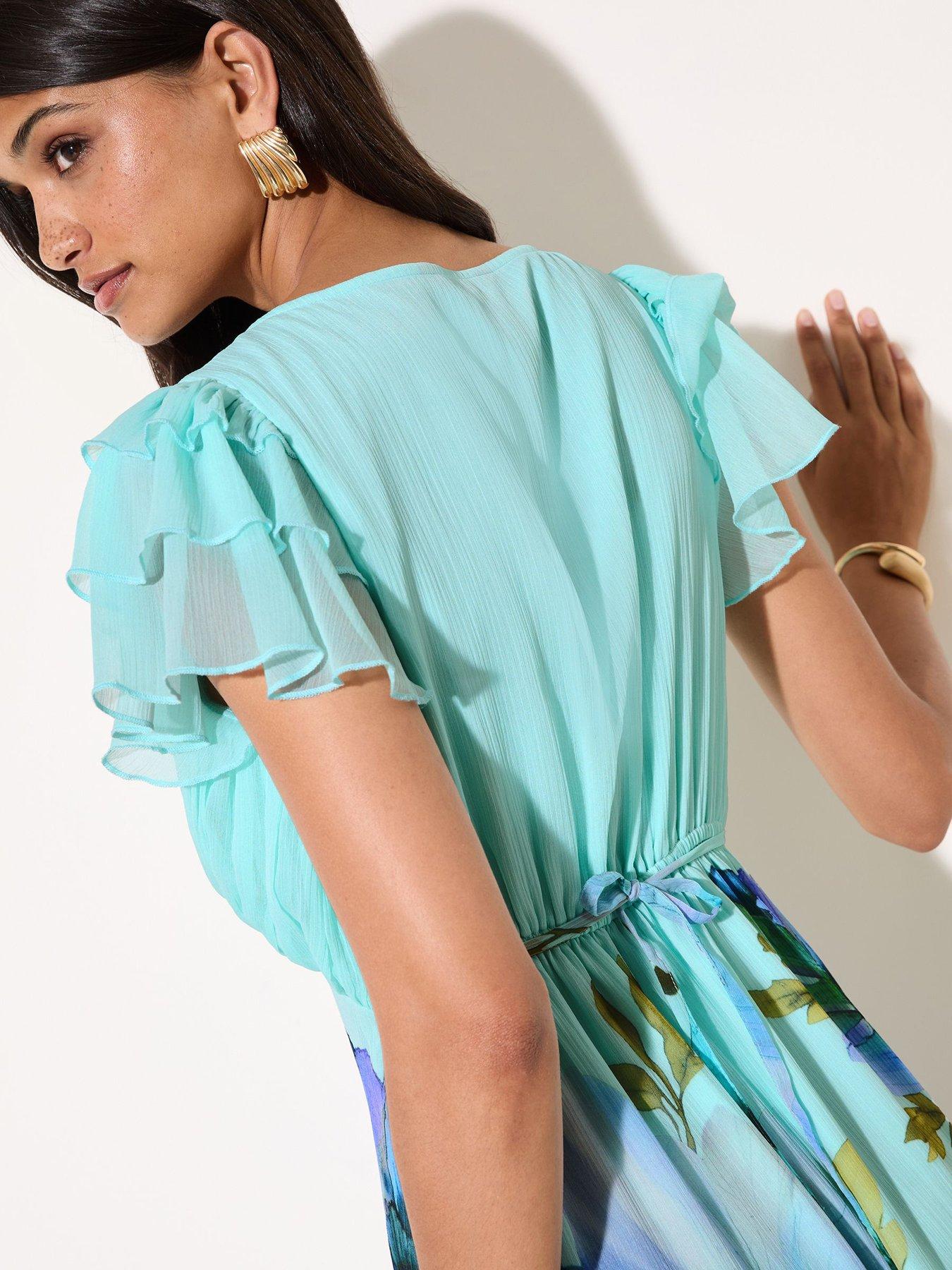 Image 5 of 5 of Friends Like These V Neck Placement Print Hem Tiered Sleeve Midaxi - Blue