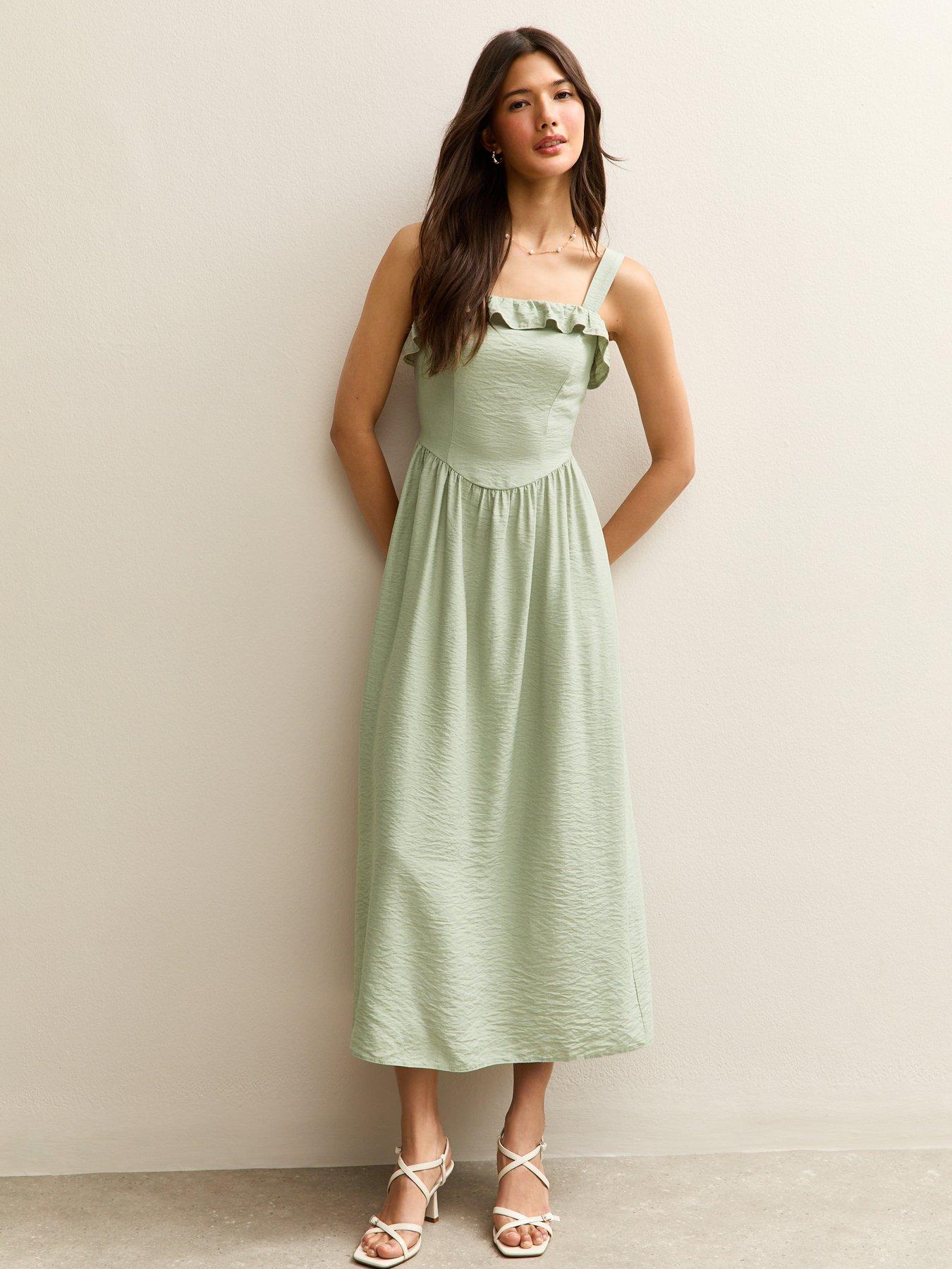 Image 1 of 5 of New Look Light Khaki Square Neck Frilly Trim Midi Dress