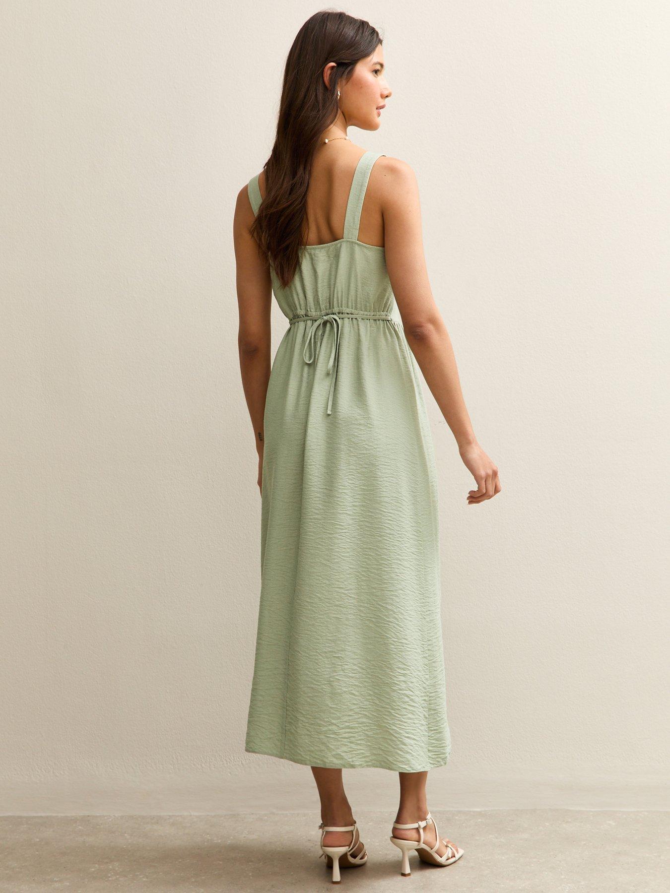 Image 2 of 5 of New Look Light Khaki Square Neck Frilly Trim Midi Dress